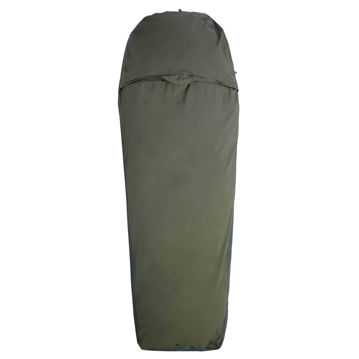 Der EXPED Biwaksack Bivybag 100% Ventair in olivgrün, im Mumienstil mit Kapuze, ist vertikal vor einem schlichten weißen Hintergrund abgebildet.