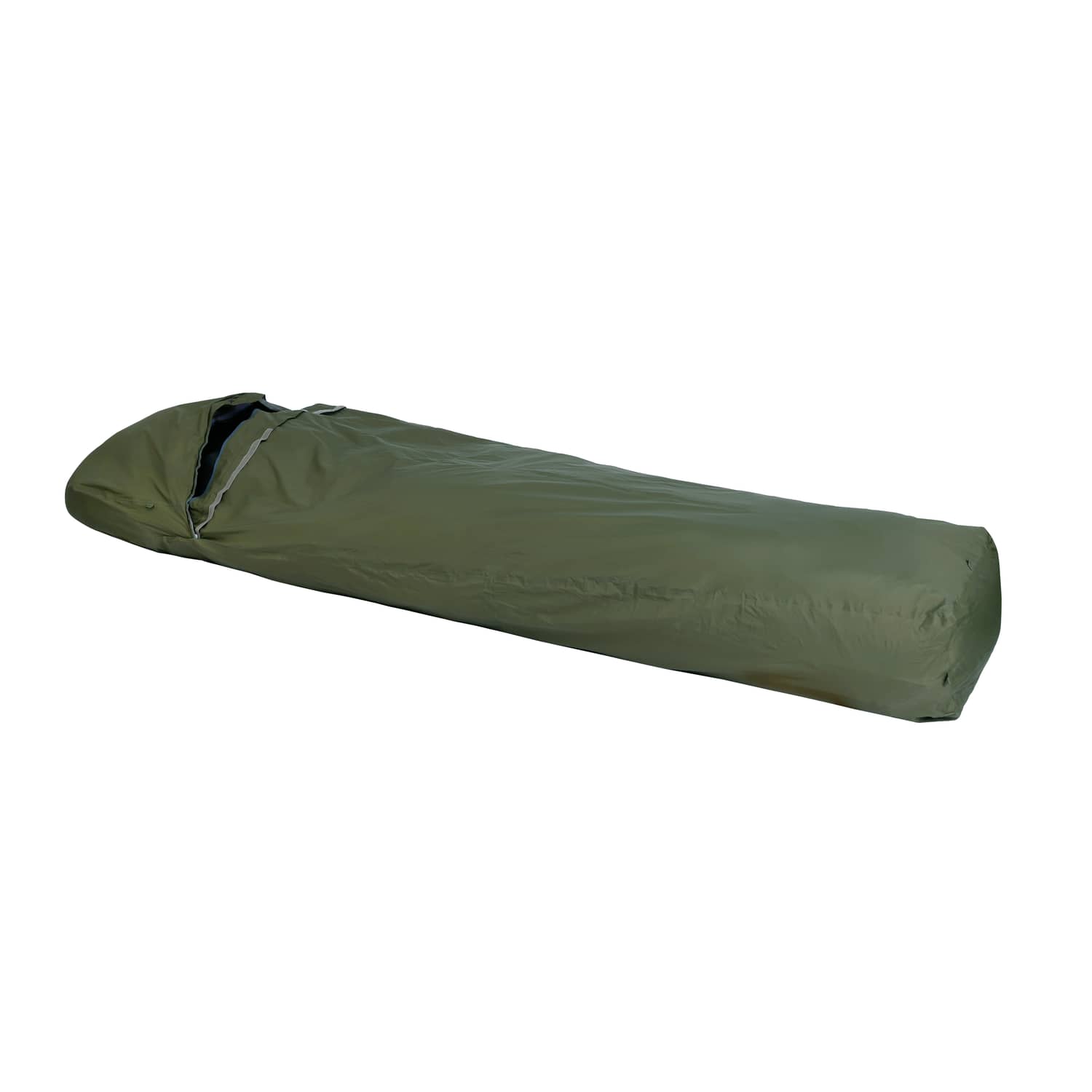 Der EXPED Biwaksack Bivybag 100% Ventair ist ein grüner, mumienartiger Schlafsack mit Kapuze und VentAir-Technologie, der flach auf einem weißen Hintergrund liegt.