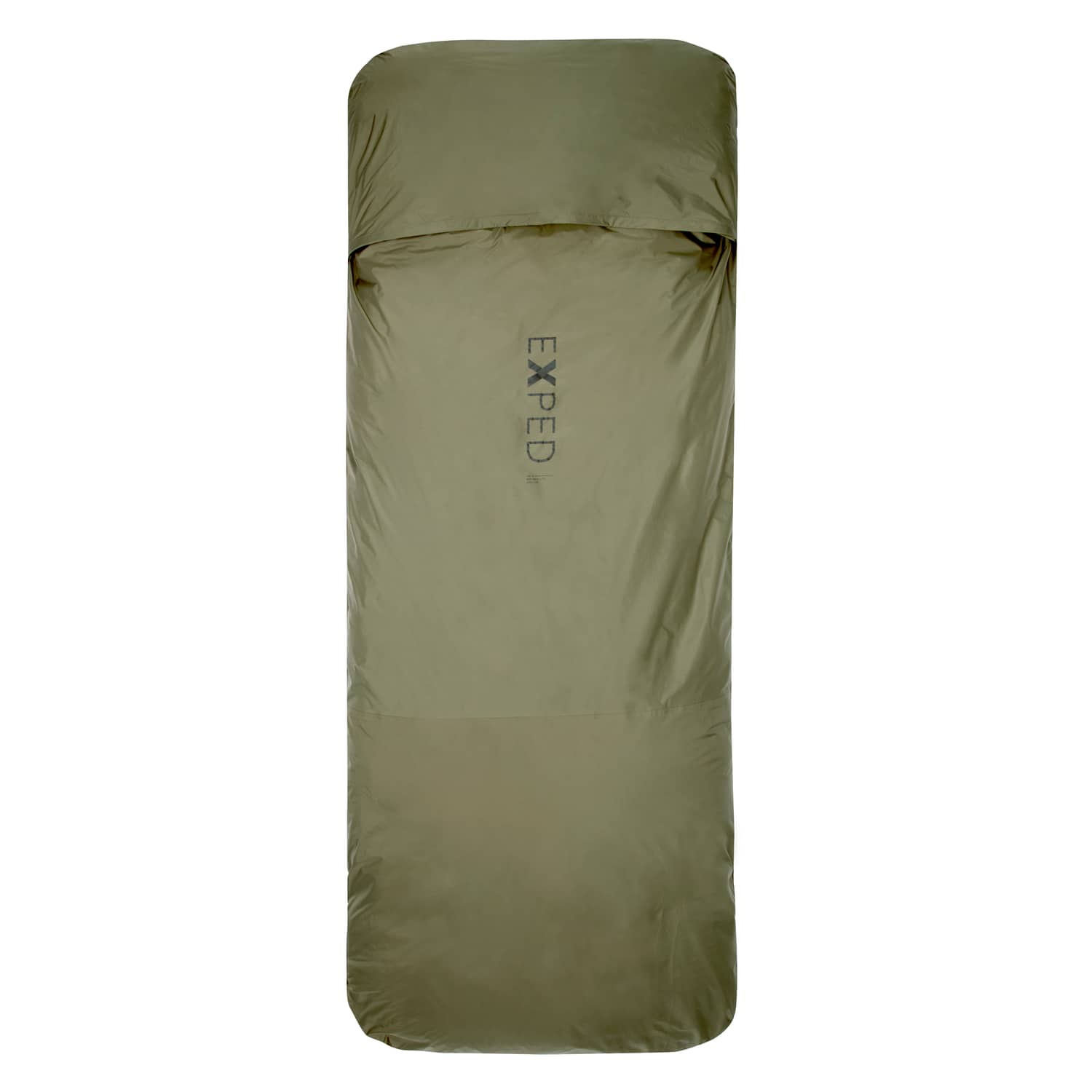 Der Exped Biwaksack Bivybag Lite Ventair/PU von EXPED ist ein rechteckiger, olivgrüner Schlafsack mit dem Schriftzug "EXPED" in der Mitte, der mit der VentAir-Technologie ausgestattet ist und flach auf weißem Grund liegt.