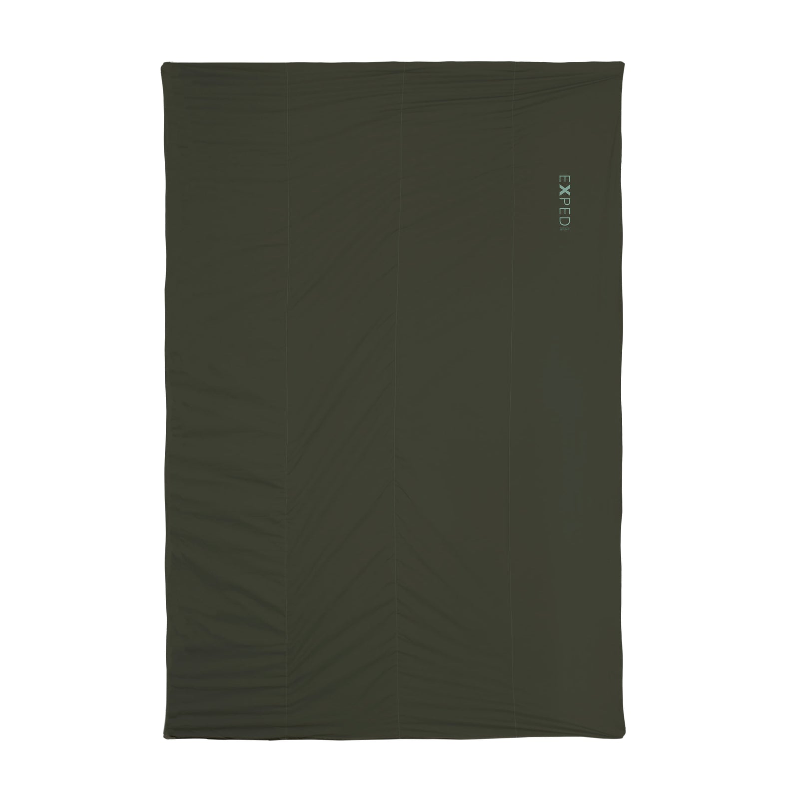 Die EXPED Decke LuxeWool Blanket UNO, eine dunkelgrüne, rechteckige Decke mit feinen Nähten und dem Schriftzug "EXPED" in heller Schrift oben rechts, ist flach vor einem weißen Hintergrund abgebildet.
