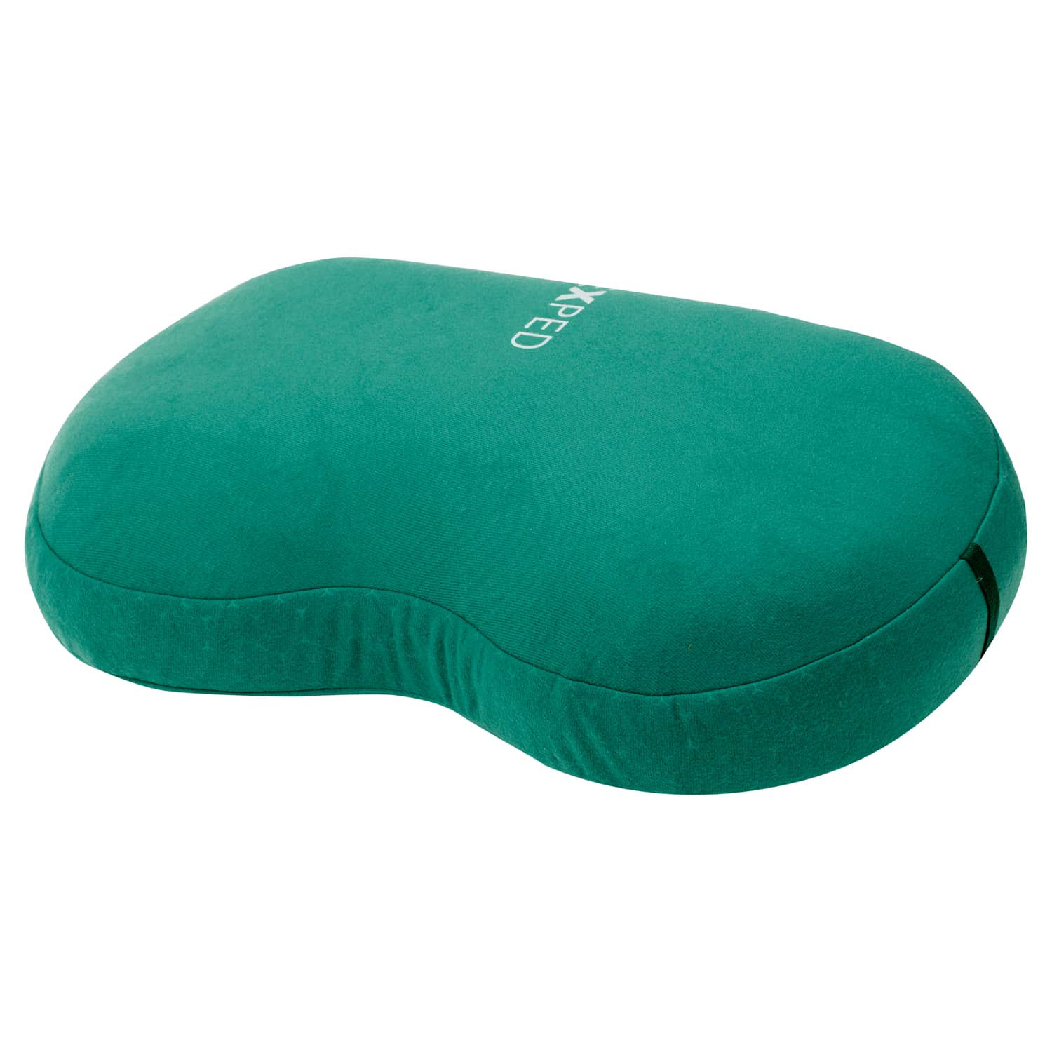 Das EXPED Exped Kissen Down Pillow L ist ein grünes, bohnenförmiges Campingkissen mit glatter Oberfläche, das für eine ergonomische Unterstützung konzipiert ist. Es hat ein dickes, plüschiges Aussehen und verfügt über einen kleinen Schlitz an einer Seite.