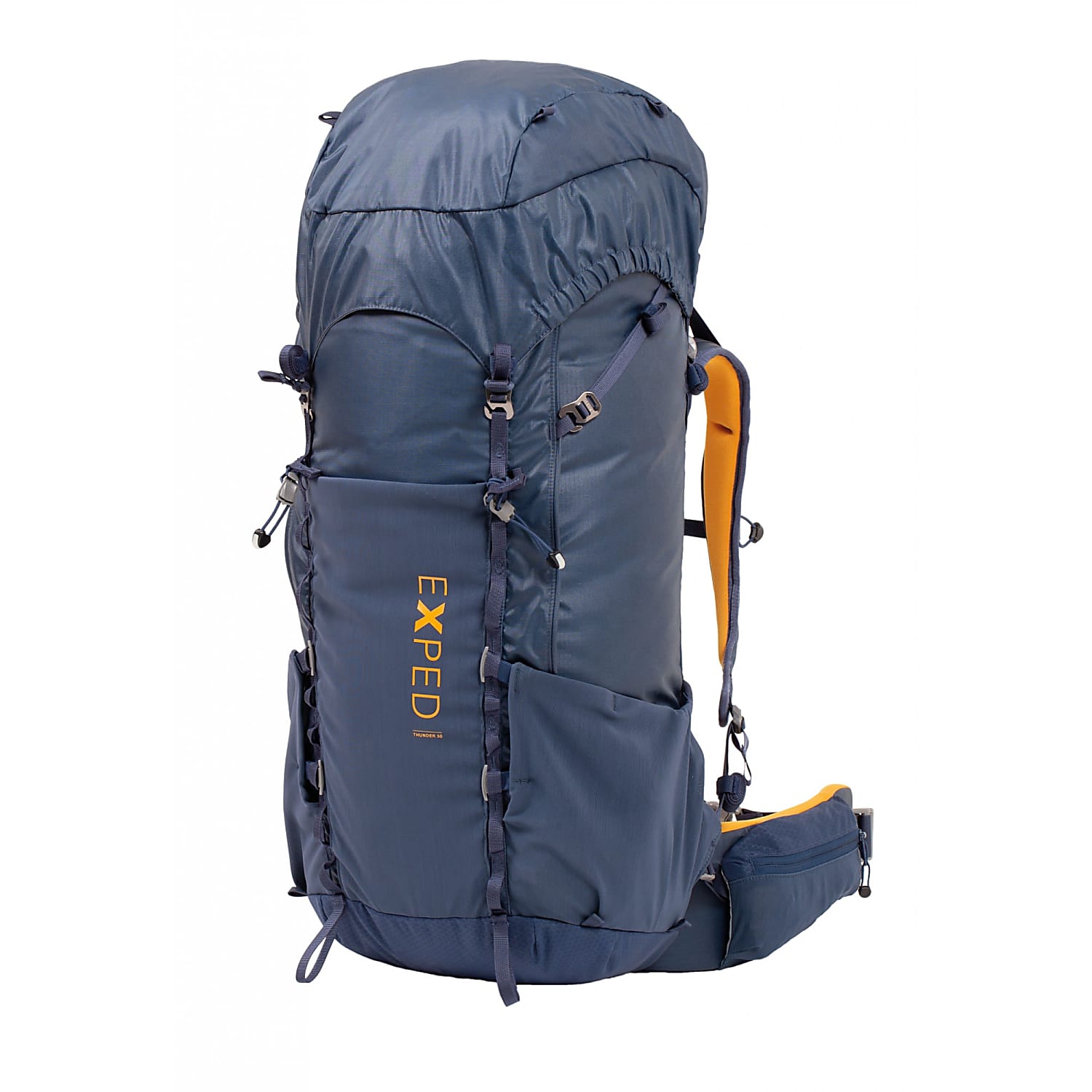 Der EXPED Thunder 50 ist ein großer, dunkelblauer Trekkingrucksack mit gelbem EXPED-Branding, Komfort-Tragesystem, verstellbaren Trägern, Seitentaschen und einem gepolsterten Hüftgurt - ideal für Mehrtagestouren. Abgebildet aufrecht auf weißem Hintergrund.
