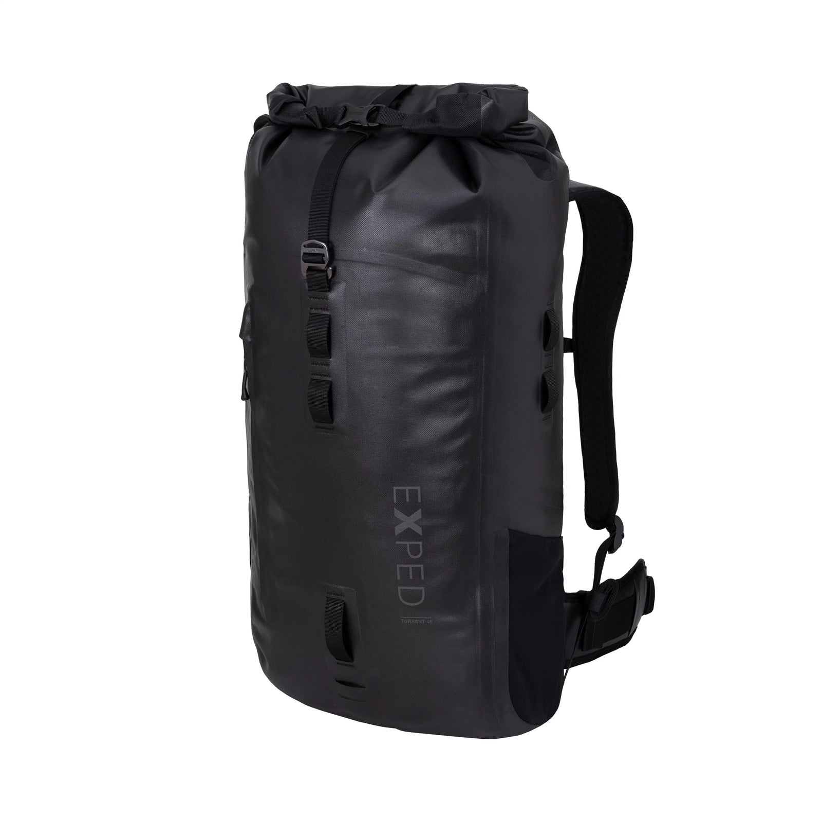 Der EXPED Rucksack Torrent 45 ist ein schlanker, minimalistischer wasserdichter Rucksack mit Rolltop-Verschluss, Brustgurt, gepolsterten Schulterriemen und vertikalem EXPED-Branding - ideal als Trekkingrucksack für Outdoor-Abenteuer.