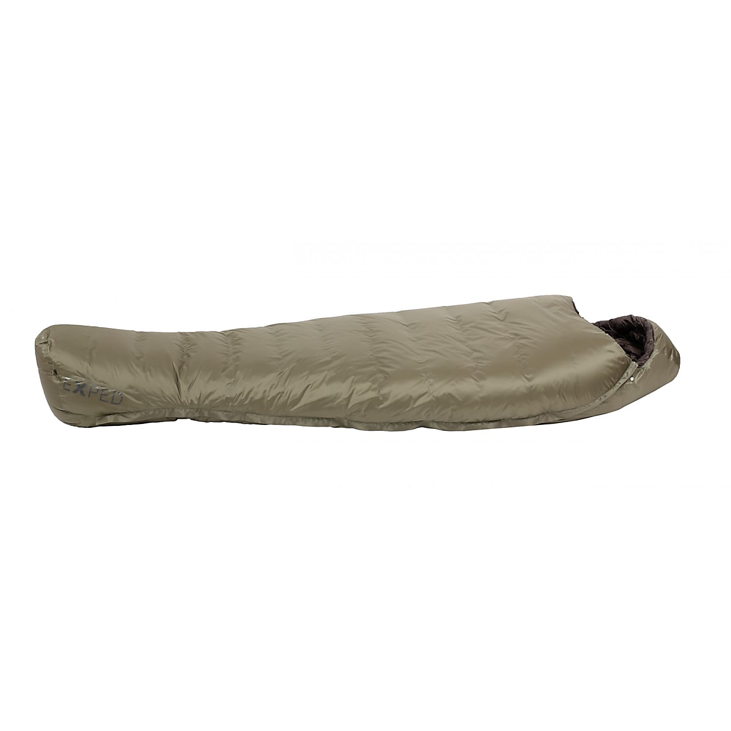 Der olivgraue Exped Schlafsack Waterbloc Pro -15° von EXPED liegt flach auf weißem Grund und hat eine Mumienform mit einem schmaleren Fußbereich und einem breiteren, leicht geöffneten Kopfteil mit Kapuze.