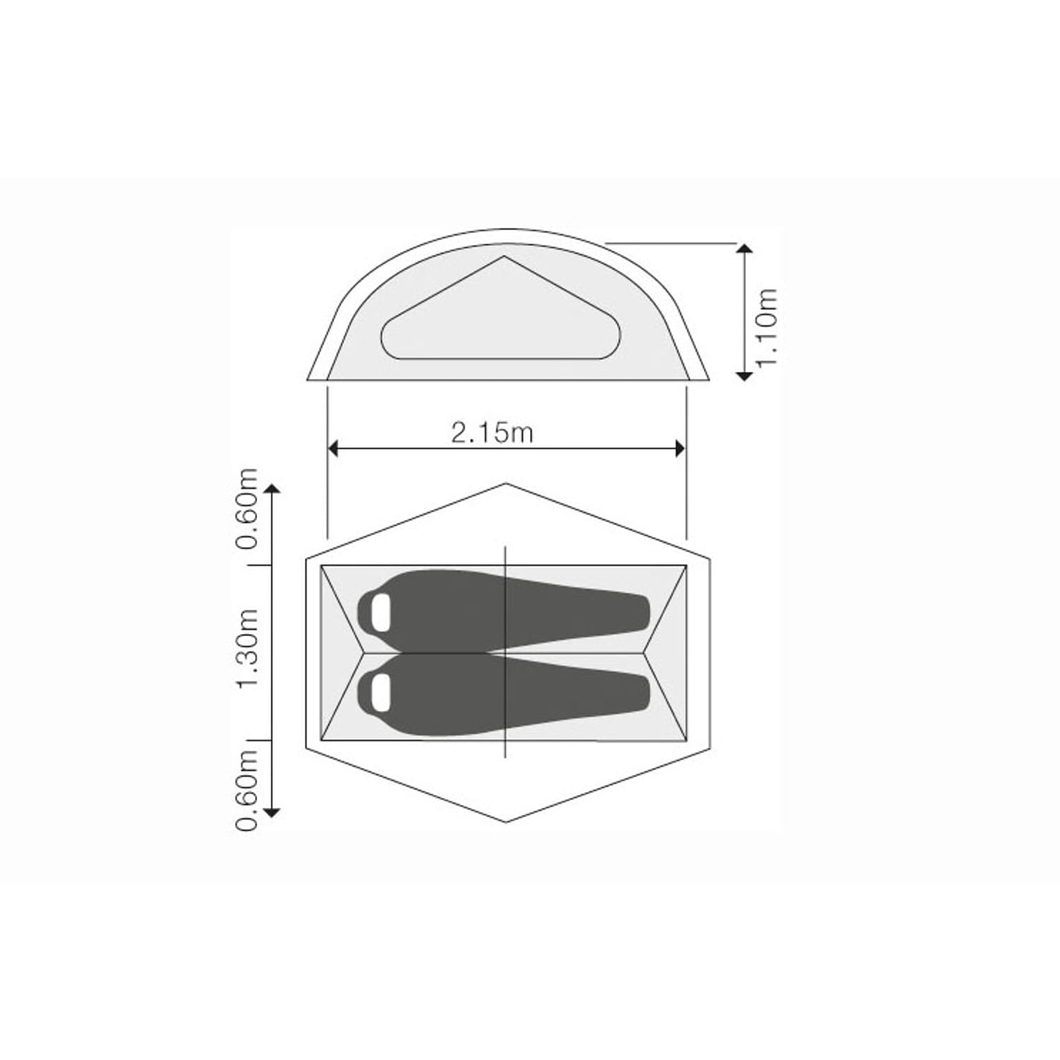 Diagramm mit Draufsicht und Seitenansicht des EXPED Lyra II Extreme Zeltes: 2,15 m lang, 1,30 m breit (Mitte), 1,10 m hoch, für zwei Schlafsäcke nebeneinander - perfekt für Rucksacktouren.