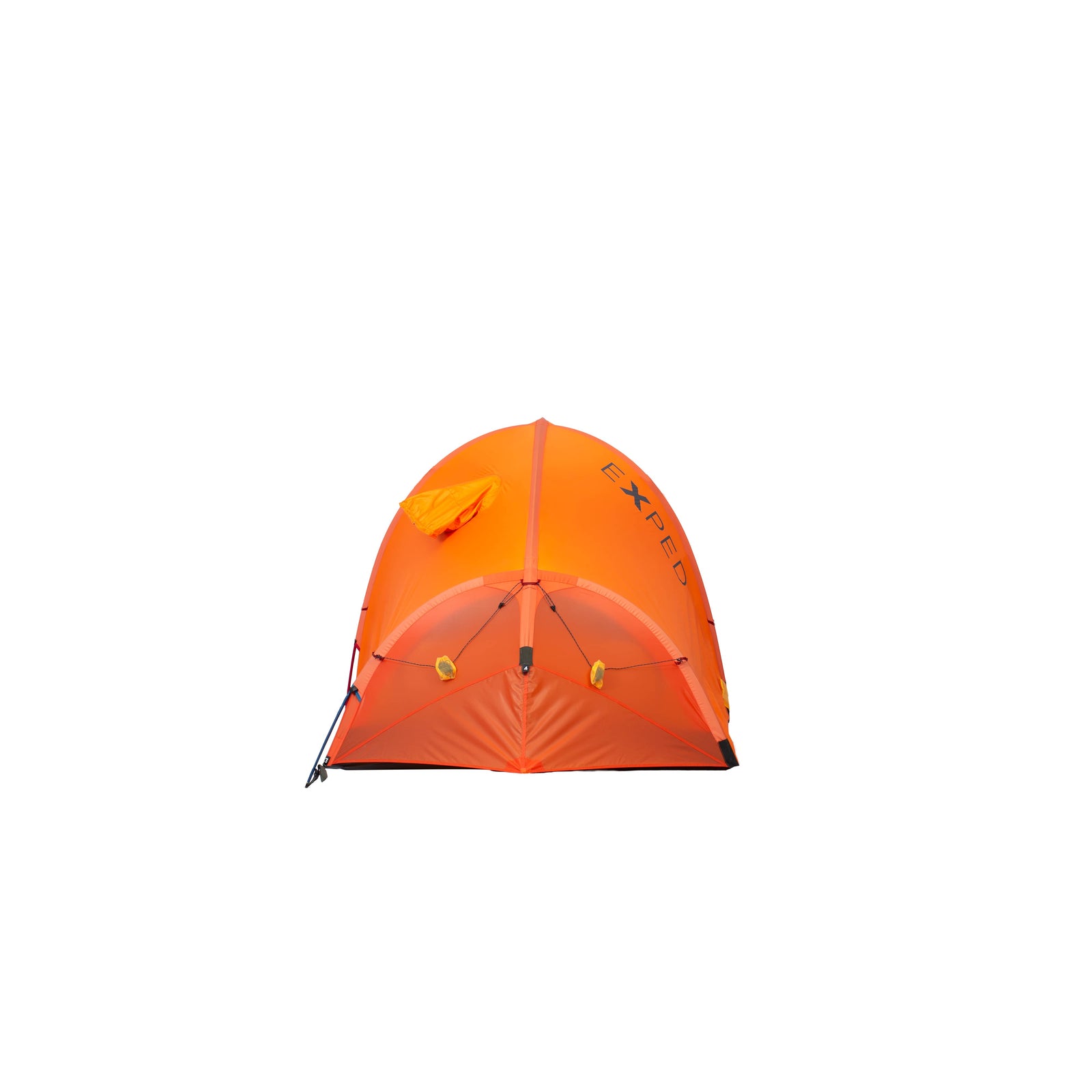 Das EXPED Zelt Polaris ist ein leuchtend orangefarbenes, kuppelförmiges 4-Jahreszeiten-Campingzelt mit gelben Reißverschlüssen und schwarzem, gelbem und orangefarbenem Gestänge. Das EXPED-Logo befindet sich an der Seite. Abgebildet auf einem weißen Hintergrund.
