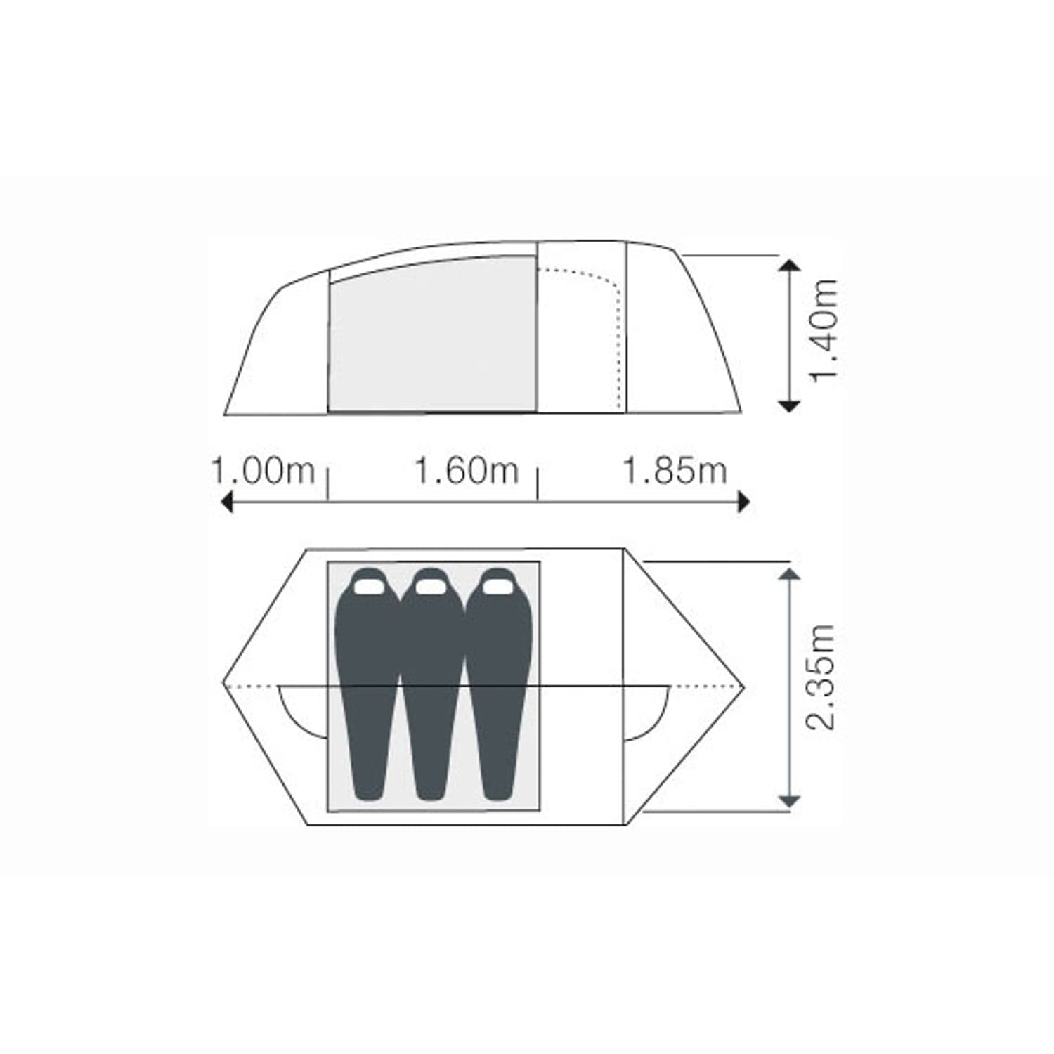 Ein Schwarz-Weiß-Diagramm zeigt die Maße des EXPED Venus III DLX Extreme: 1,00 m + 1,60 m + 1,85 m Länge, 2,35 m Breite und 1,40 m Höhe - genug Platz, um drei Schlafsäcke nebeneinander in diesem geräumigen Zelt für zwei Personen unterzubringen.