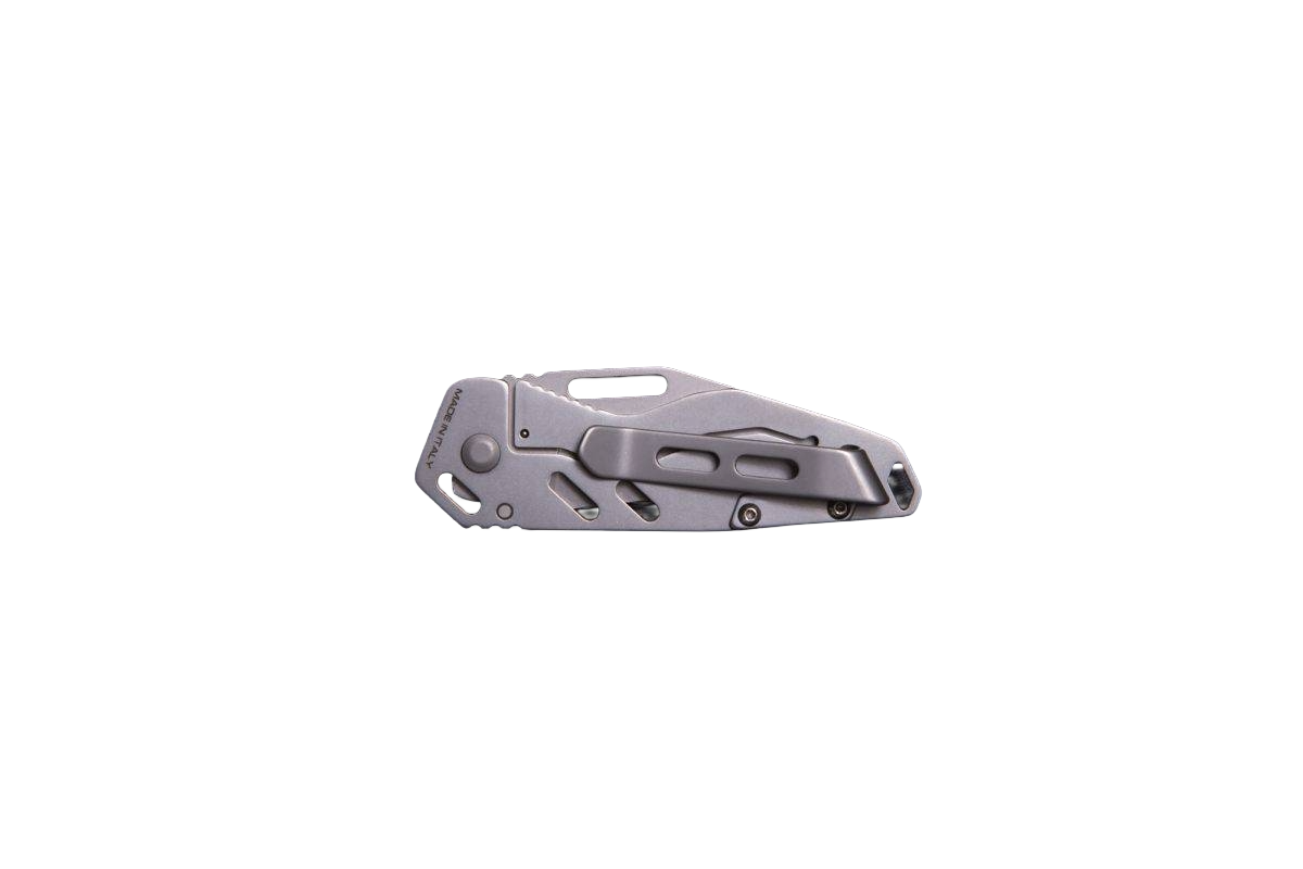 Ein gefaltetes Extrema Ratio Messer ANT Black Stone Washed von EXTREMA RATIO, mit strukturiertem Griff, Metallclip und Böhler N690 Stahlklinge, wird vor einem schlichten weißen Hintergrund präsentiert.