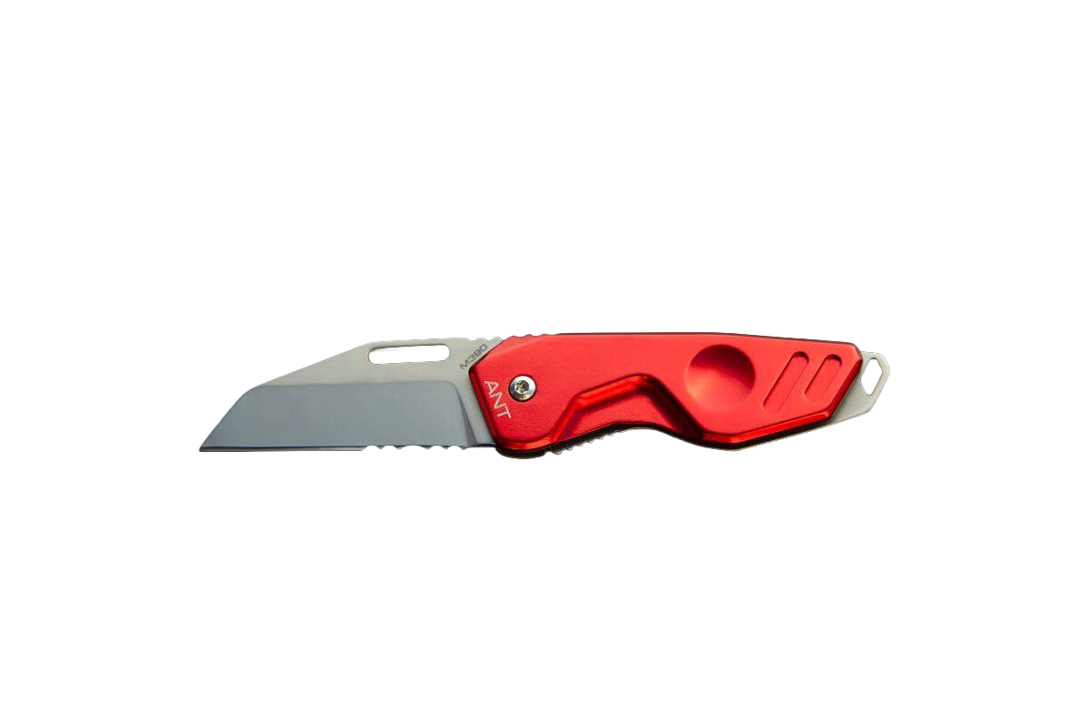 Das EXTREMA RATIO Extrema Ratio Messer ANT Rescue Red Stone Washed ist ein kompaktes Gebrauchsmesser mit rotem Griff und kurzer, gerader Böhler M390 Stahlklinge, abgebildet auf weißem Grund.
