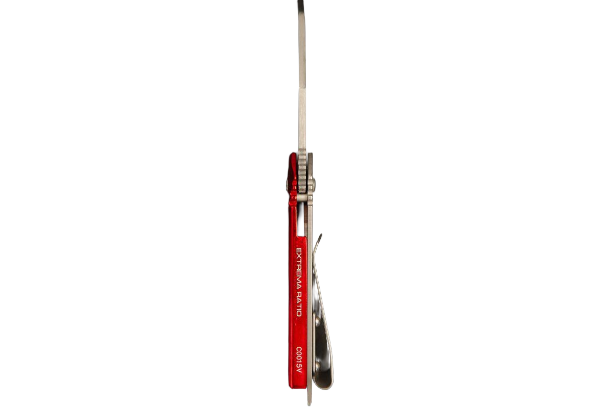 Ein EXTREMA RATIO Messer ANT Rescue Red Stone Washed Klapptaschenmesser wird von oben nach unten gezeigt, Klinge teilweise geöffnet und "EXTREMA RATIO" auf dem Griff. Hergestellt aus hochwertigem Böhler M390 Stahl für Haltbarkeit und Präzision.