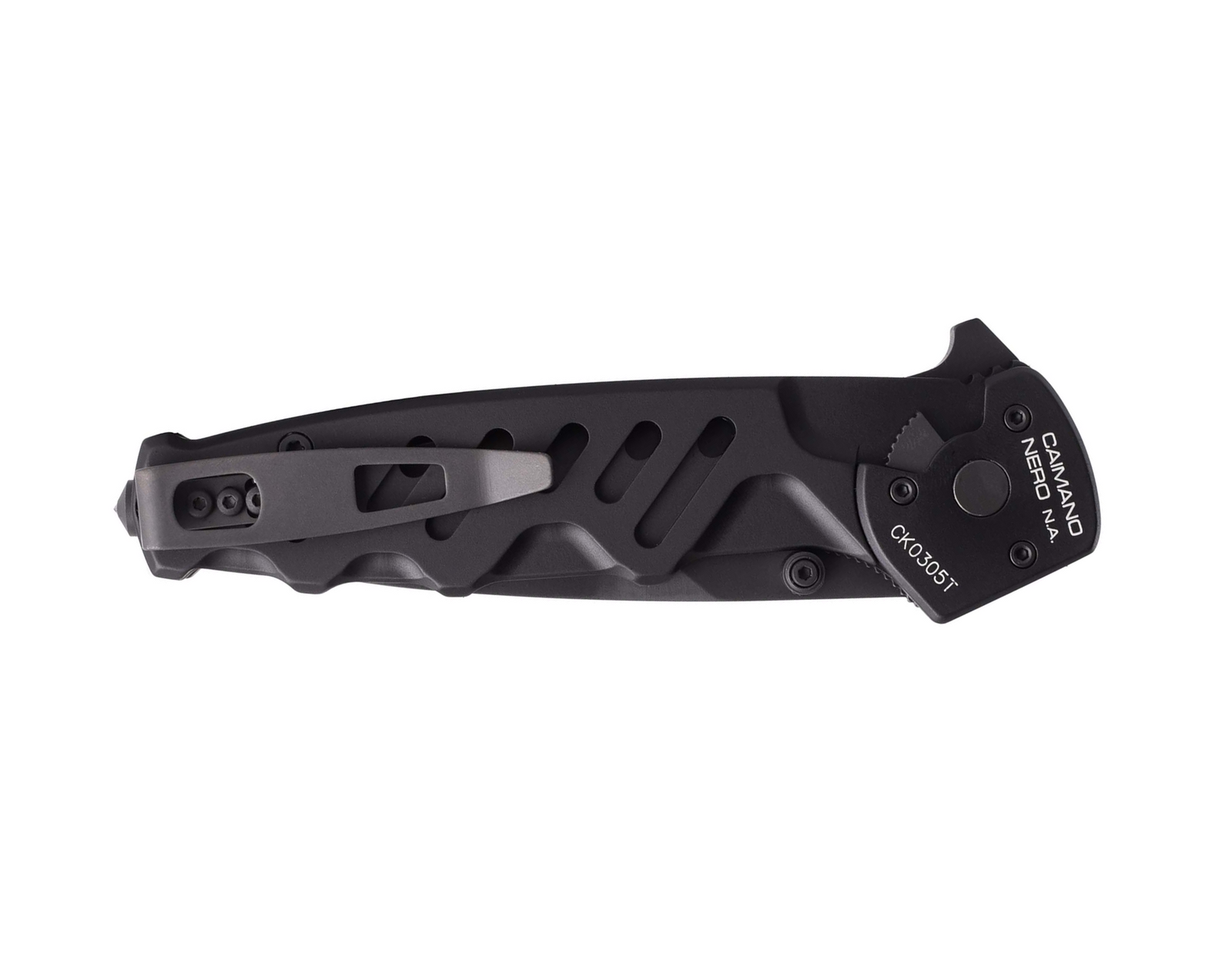 Das Extrema Ratio Messer Caimano Nero N.A. von EXTREMA RATIO ist geschlossen abgebildet und zeigt seinen strukturierten Griff, den Metalltaschenclip und das sichtbare Verriegelungsscharnier - eine beeindruckende Ergänzung für jede taktische Messersammlung.