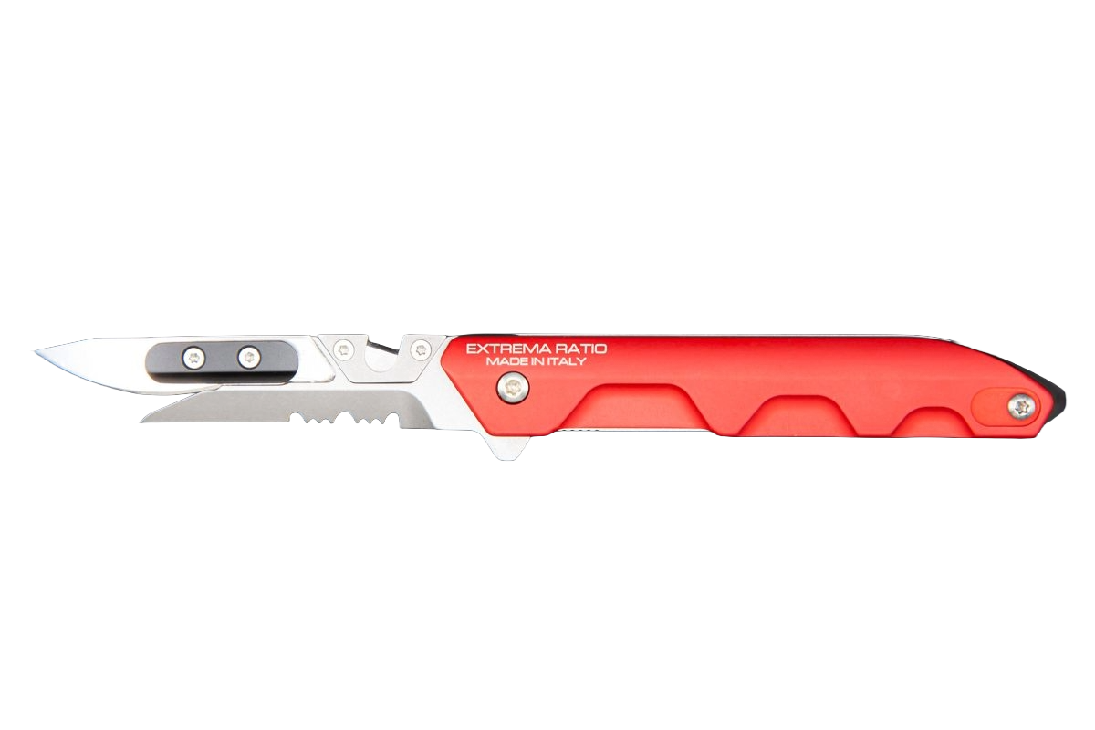 Das EXTREMA RATIO Messer Ferrum Rescue Red ist ein klappbares Gebrauchsmesser mit metallischer Klinge und rotem Griff mit der Aufschrift "EXTREMA RATIO MADE IN ITALY", das vollständig geöffnet auf weißem Hintergrund abgebildet ist.