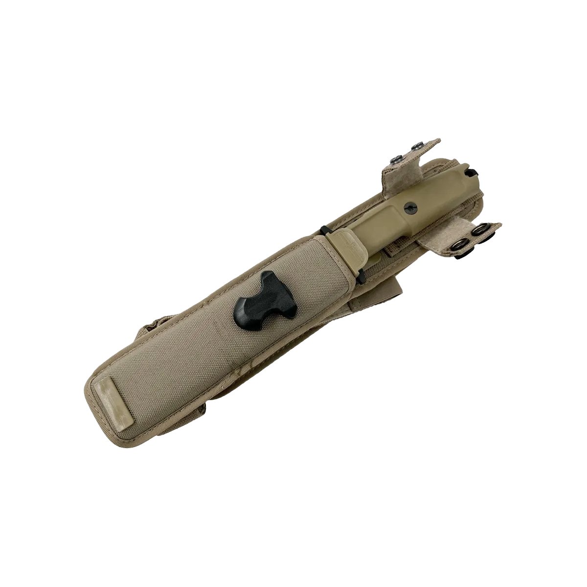 Das EXTREMA RATIO Messer Fulcrum Desert Warfare ist ein hellbraunes taktisches Messer mit passender Scheide und schwarzem Halteclip, der zur Befestigung der Ausrüstung dient.