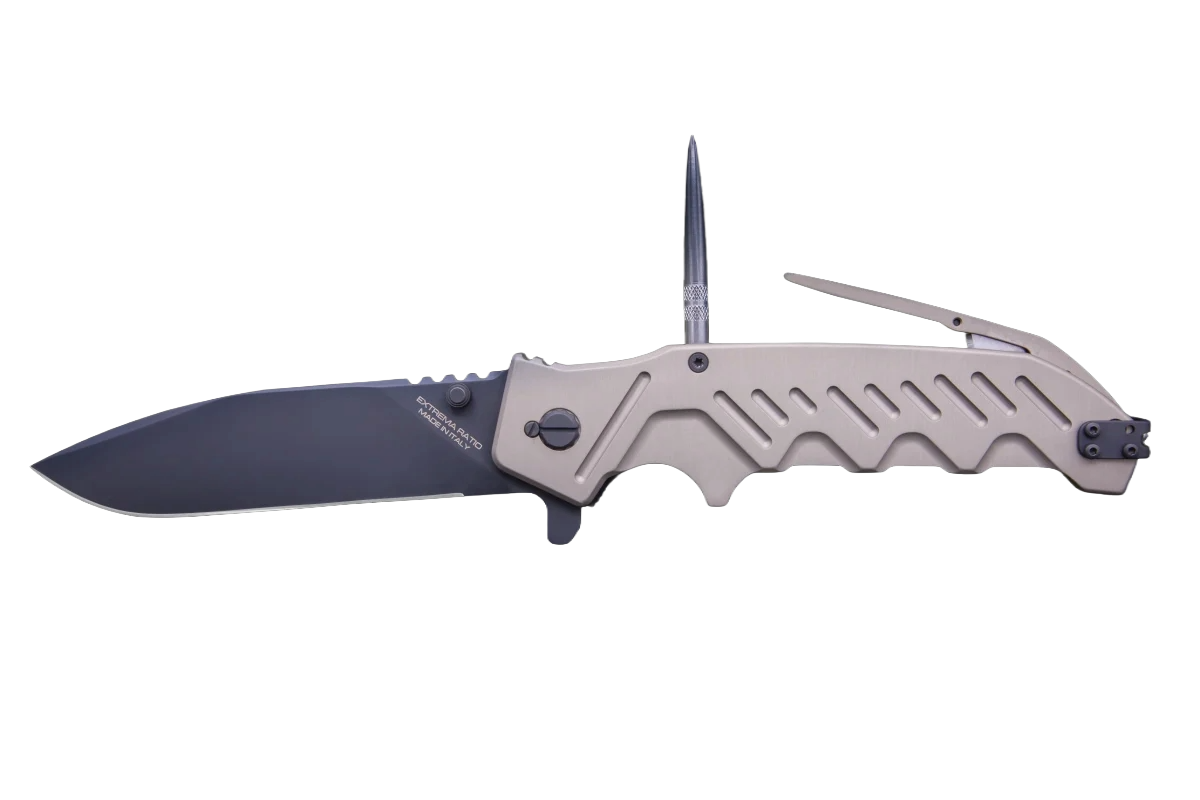 Das Extrema Ratio Messer Glauca G1 von EXTREMA RATIO ist ein taktisches Klappmesser mit einer schwarzen Klinge aus Böhler N690 Stahl, braunem Griff und zwei Griffwerkzeugen: einem spitzen Metalldorn und einem flachen Werkzeug.
