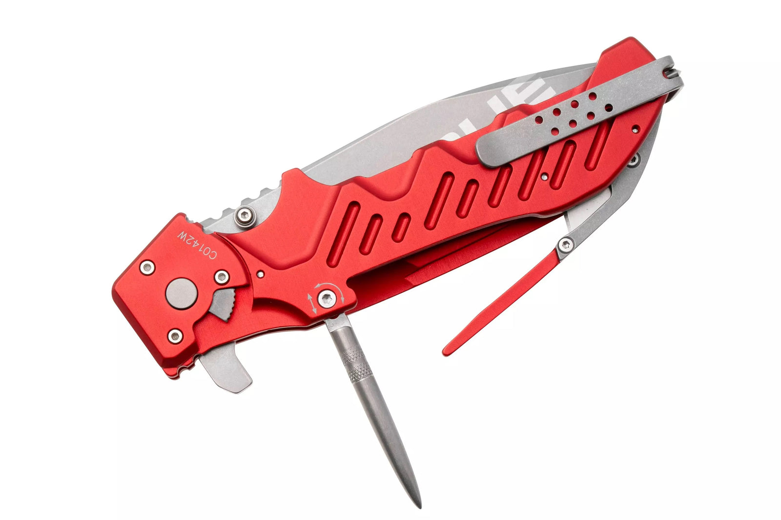 Das EXTREMA RATIO Extrema Ratio Messer Glauca G1 Rescue ist ein rotes Multi-Tool-Klappmesser mit teilweise freiliegender silberner Klinge, Taschenclip, spitzem Metallstempel und strukturiertem Griff, abgebildet auf weißem Hintergrund.