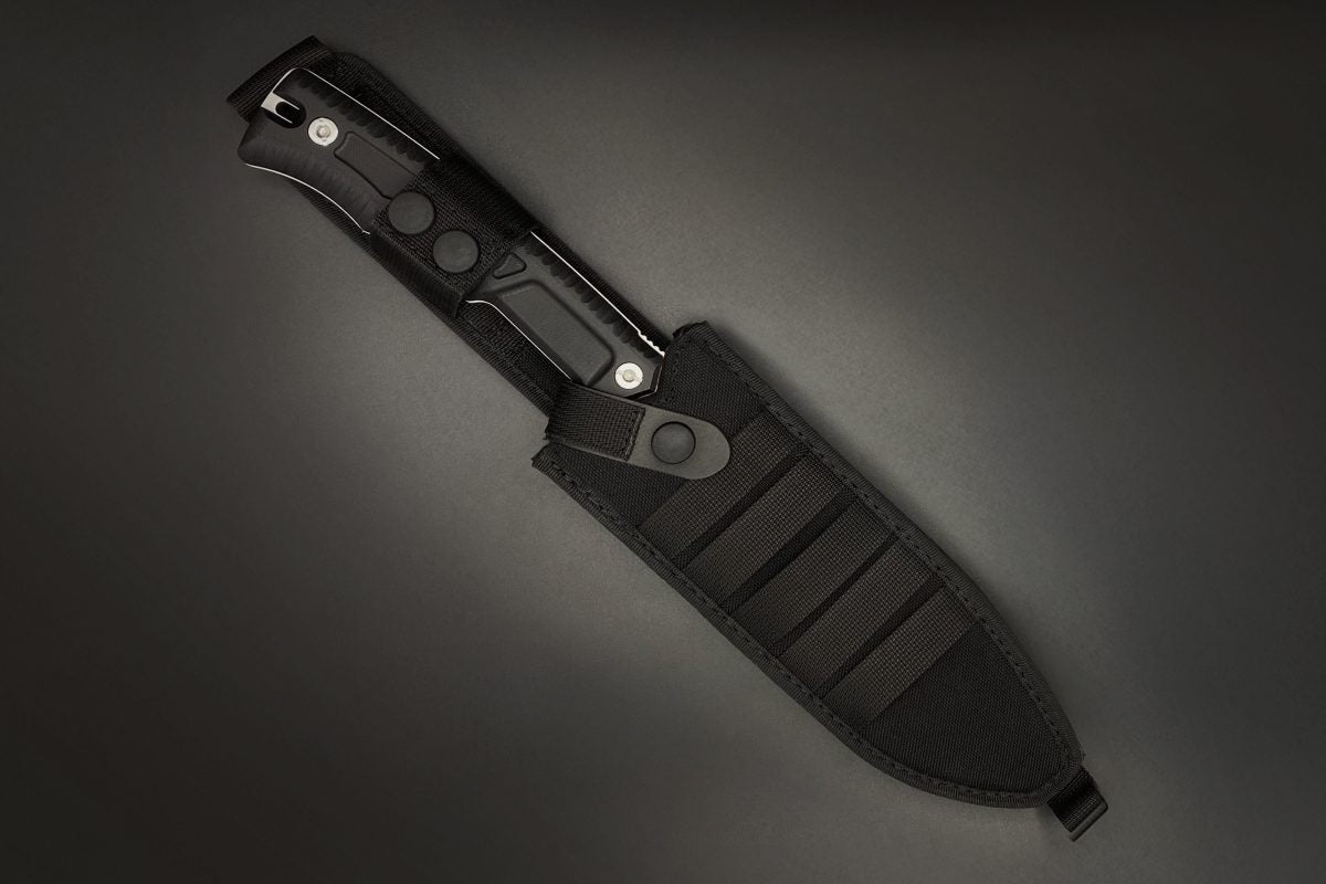 Das EXTREMA RATIO Messer Numen S600 Black ist ein Überlebensmesser mit einer Klinge aus Böhler S600 Stahl und einer passenden schwarzen Scheide.