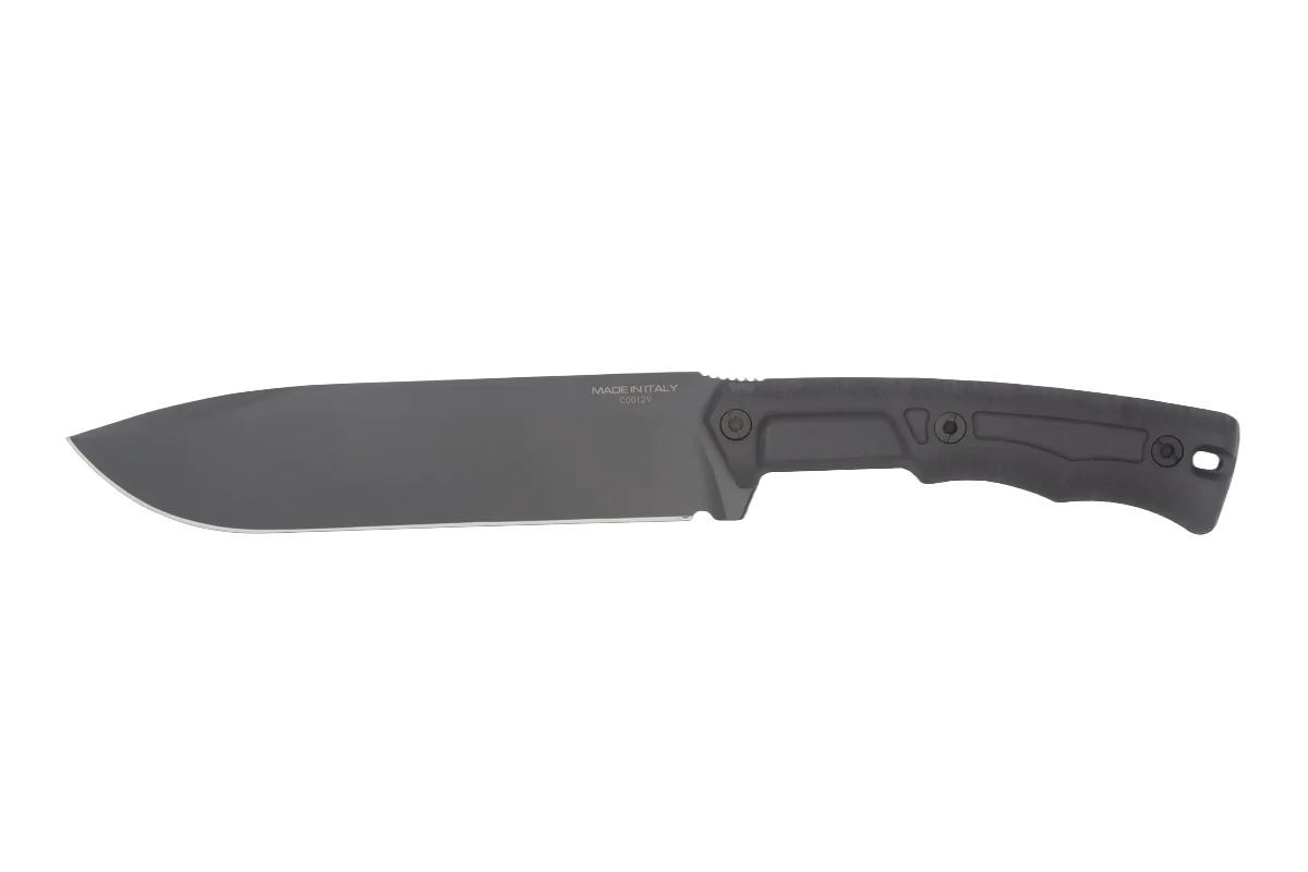 Das Extrema Ratio Messer Numen S600 Black ist ein großes Survival-Messer von EXTREMA RATIO mit einer schwarzen, matten Böhler S600-Stahlklinge und einem strukturierten, schwarzen Griff mit ergonomischen Fingerrillen und einem Lanyard-Loch.