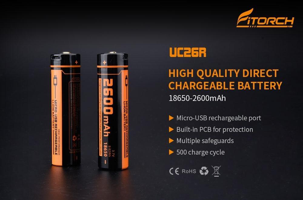 Zwei FITORCH Akku 18650-Akkus stehen aufrecht auf einer schwarzen Oberfläche und bieten eine Kapazität von 2600 mAh, Micro-USB-Ladung, integrierten Schutz, mehrere Sicherheitsvorkehrungen und bis zu 500 Ladezyklen.