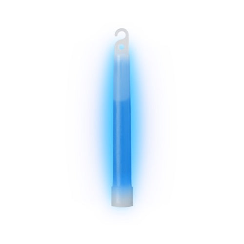 Der HELIKON-TEX Helikon-Tex Lightstick 6" - Blue steht aufrecht auf einem weißen Hintergrund, leuchtet sanft mit blauem Licht und hat einen weißen Haken - ideal als Outdoor-Licht für Ihre Abenteuer.