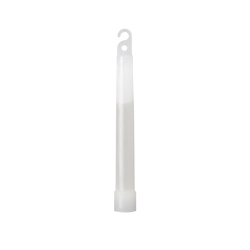 Der HELIKON-TEX Lightstick 6" - White ist nicht aktiviert und durchsichtig, mit einer kleinen Hakenschlaufe zum Aufhängen. Er ist ideal als Notlicht für den Außenbereich geeignet und wird senkrecht vor einem weißen Hintergrund gezeigt.