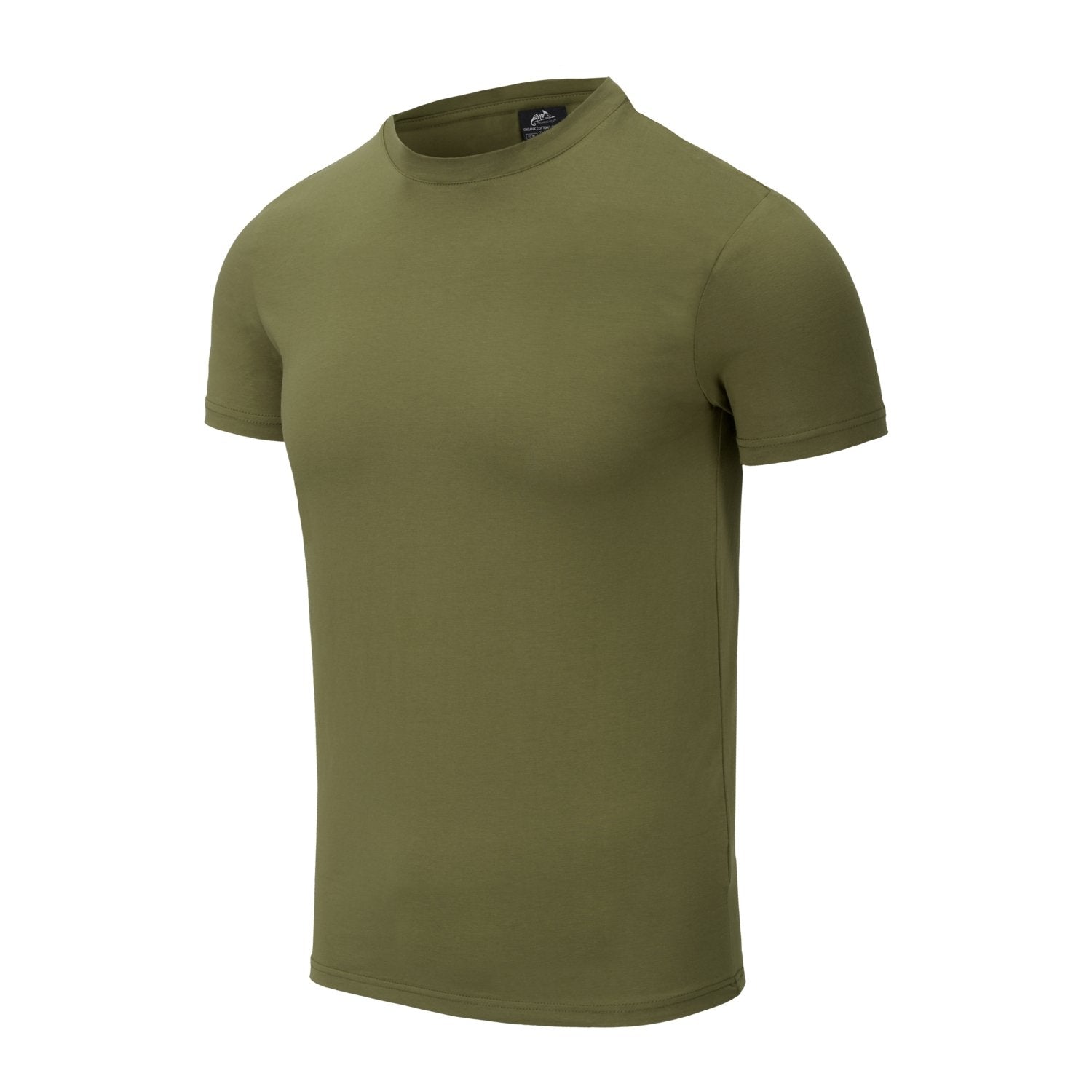 Ein HELIKON-TEX Helikon-Tex T-Shirt Slim aus Bio-Baumwolle in U.S. Green ist auf weißem Hintergrund abgebildet. Das T-Shirt mit Rundhalsausschnitt und schmaler Passform ist aus einem Dreiviertel-Winkel ohne sichtbare Logos oder Muster dargestellt.