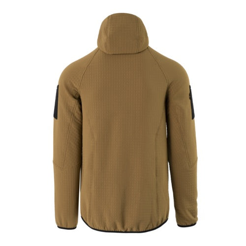 Ein braunes, langärmeliges HELIKON-TEX Patriot PRO Fleece - Coyote ist von hinten abgebildet. Dieses leichte Fleece verfügt über schwarze Aufnäher an den Ärmeln, strukturierten Stoff und eine Kapuze - ideal für eine Outdoor-Fleecejacke.