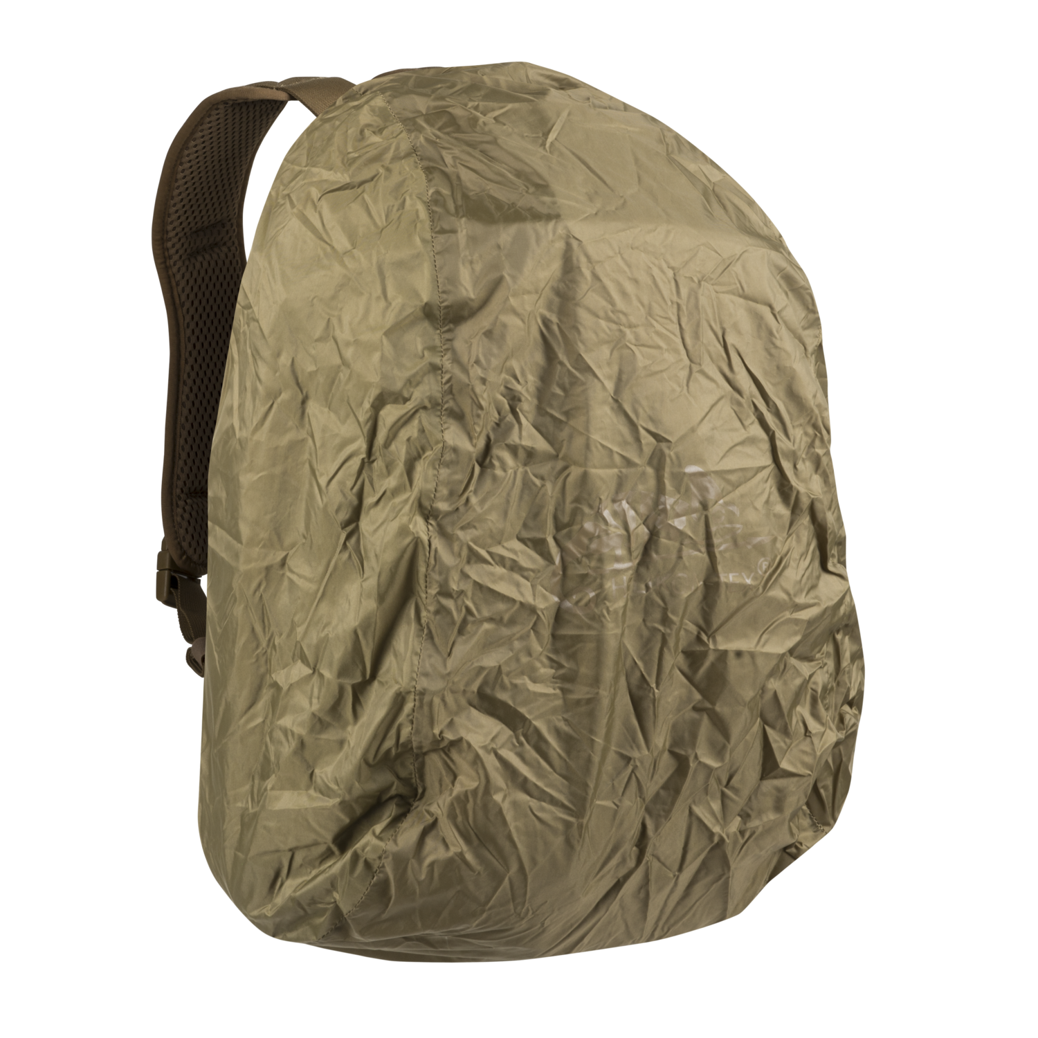 Ein brauner HELIKON-TEX Raider Backpack® mit khakifarbener Regenhülle und vielseitigem Einsatzsystem auf weißem Hintergrund.