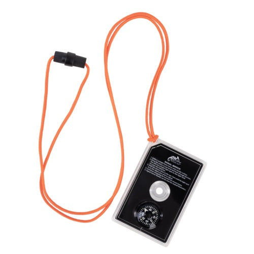 Ein kompakter rechteckiger Helikon-Tex Signalisationsspiegel von HELIKON-TEX mit durchsichtiger Grundplatte und orangefarbener Leine, perfekt für Navigation und Outdoor-Survival. Lässt sich gut mit Essentials wie einem Rettungsspiegel oder Signalspiegel kombinieren.
