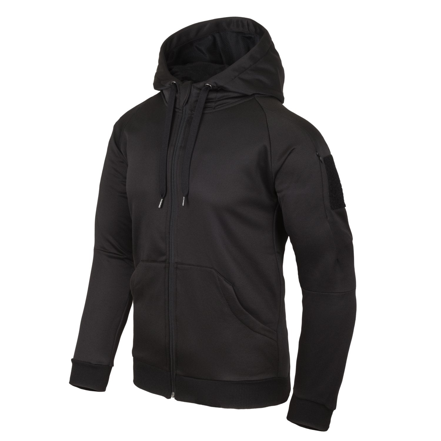 Der HELIKON-TEX Urban Tactical Hoodie (FullZip)® in Schwarz ist auf einer unsichtbaren Schaufensterpuppe vor weißem Hintergrund abgebildet und verfügt über Fronttaschen, gerippte Bündchen und einen Aufnäher am Ärmel.