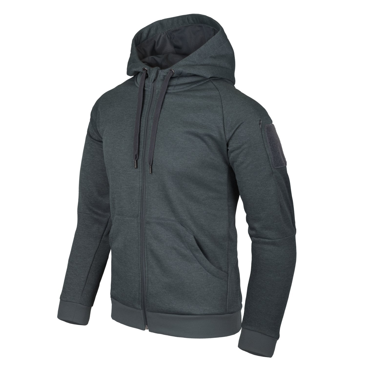 Der HELIKON-TEX Urban Tactical Hoodie (FullZip)® in Melange Schwarz-Grau hat einen Frontreißverschluss, eine Kapuze mit Kordelzug, lange Ärmel, gerippte Bündchen und Saum und eine Reißverschlusstasche am linken Ärmel. Abgebildet auf einfarbig weißem Hintergrund.