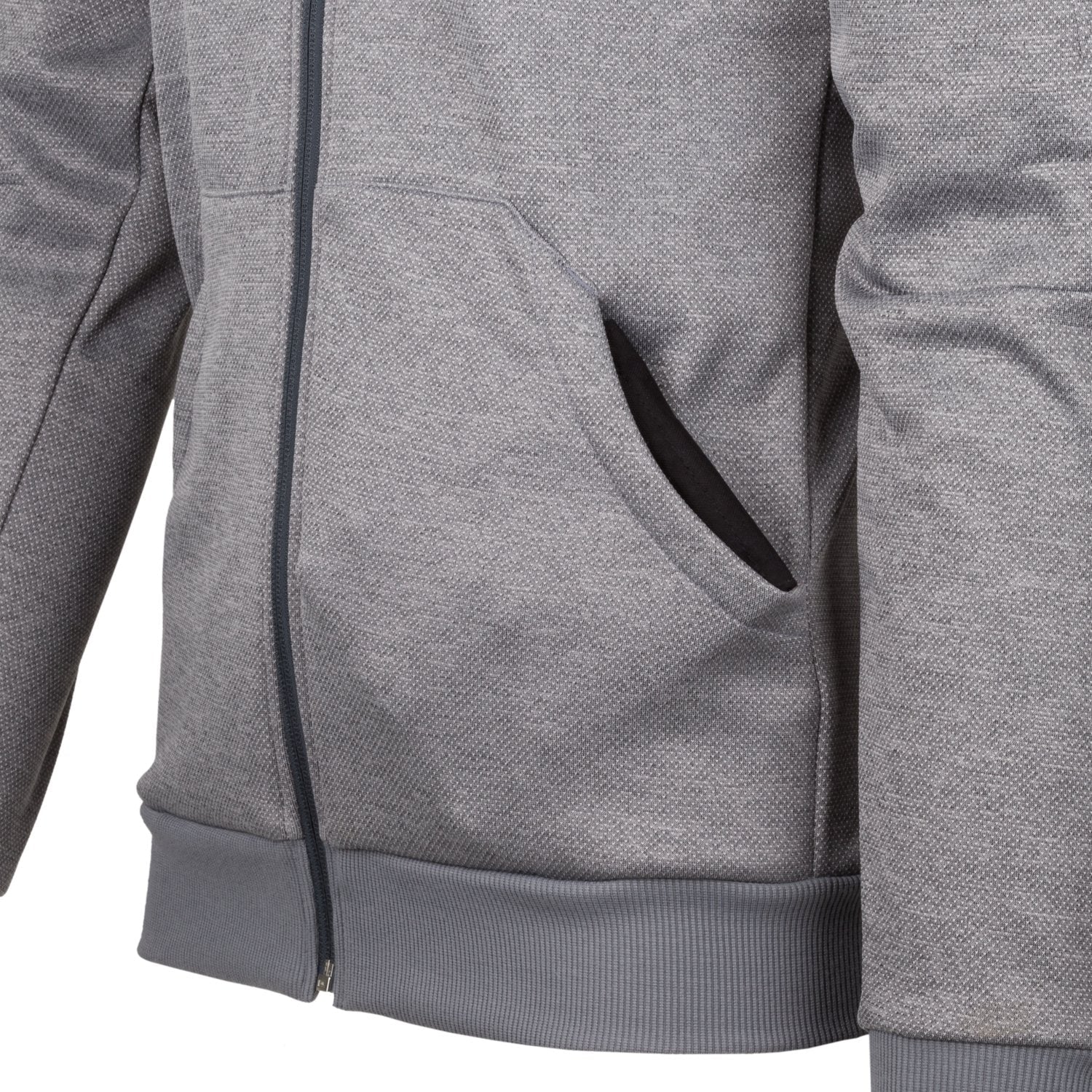 Nahaufnahme des HELIKON-TEX Helikon-Tex Urban Tactical Hoodie (FullZip)® in Melange Black-Grey, mit dem Unterkörper, der seitlichen Reißverschlusstasche, dem Rippbündchen am Saum und dem Reißverschluss vorne.