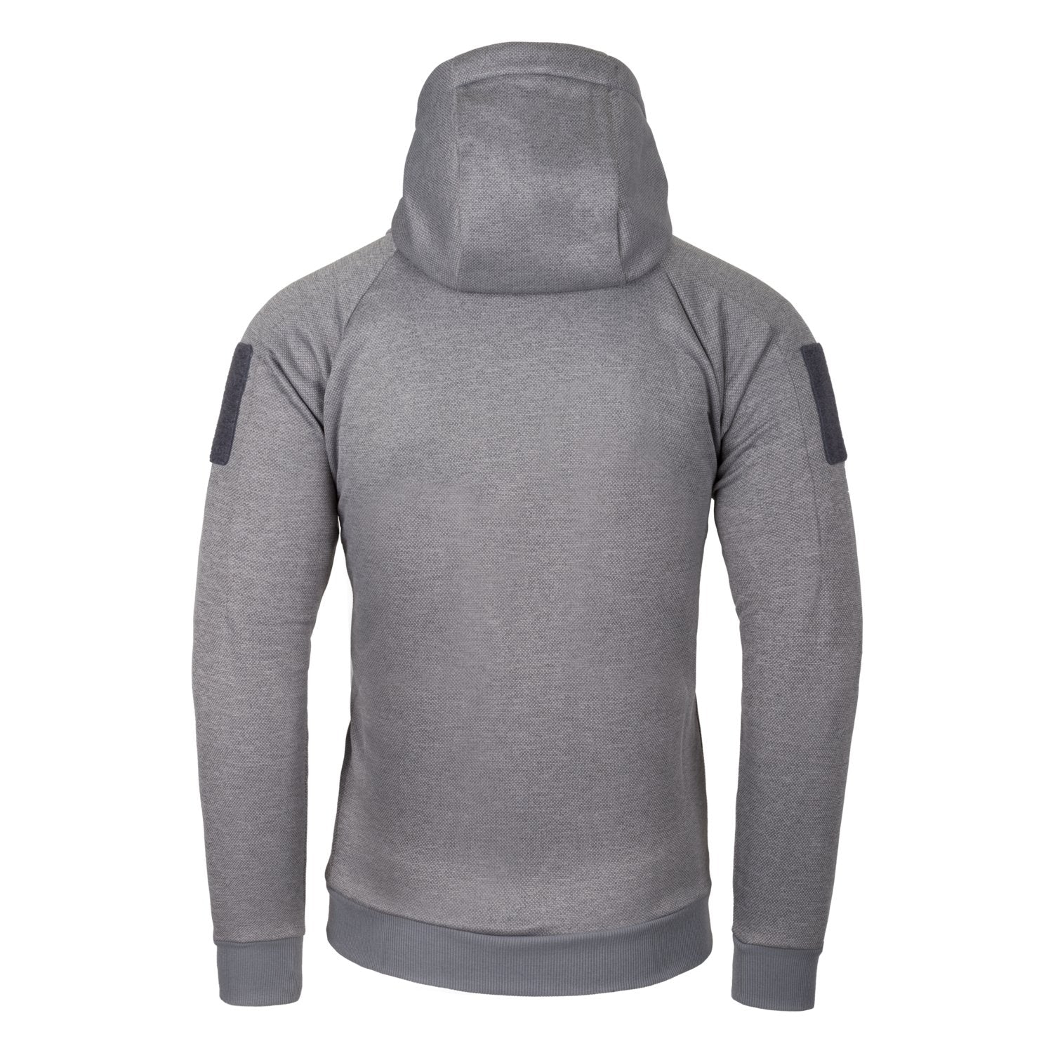 Der HELIKON-TEX Urban Tactical Hoodie (FullZip)® in Melange Grey ist von hinten abgebildet und verfügt über lange Ärmel, eine Kapuze und dunkle Oberarm-Patches. Sein schlichtes, glattes Design hat keine sichtbaren Logos oder Muster.
