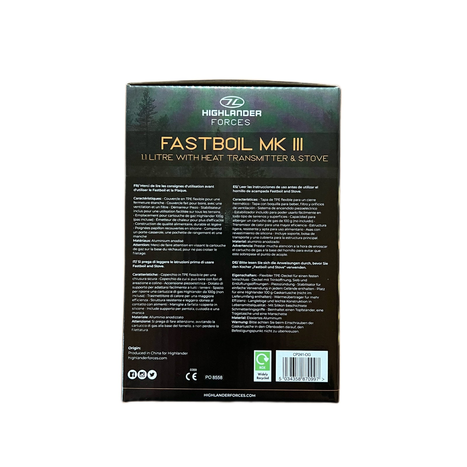 Rückseite der HIGHLANDER FORCES Camping Gaskocher Blade Fast Boil 3 Schachtel mit mehrsprachiger Anleitung für diesen Outdoor-Campingkocher auf dunkelgrünem Hintergrund.