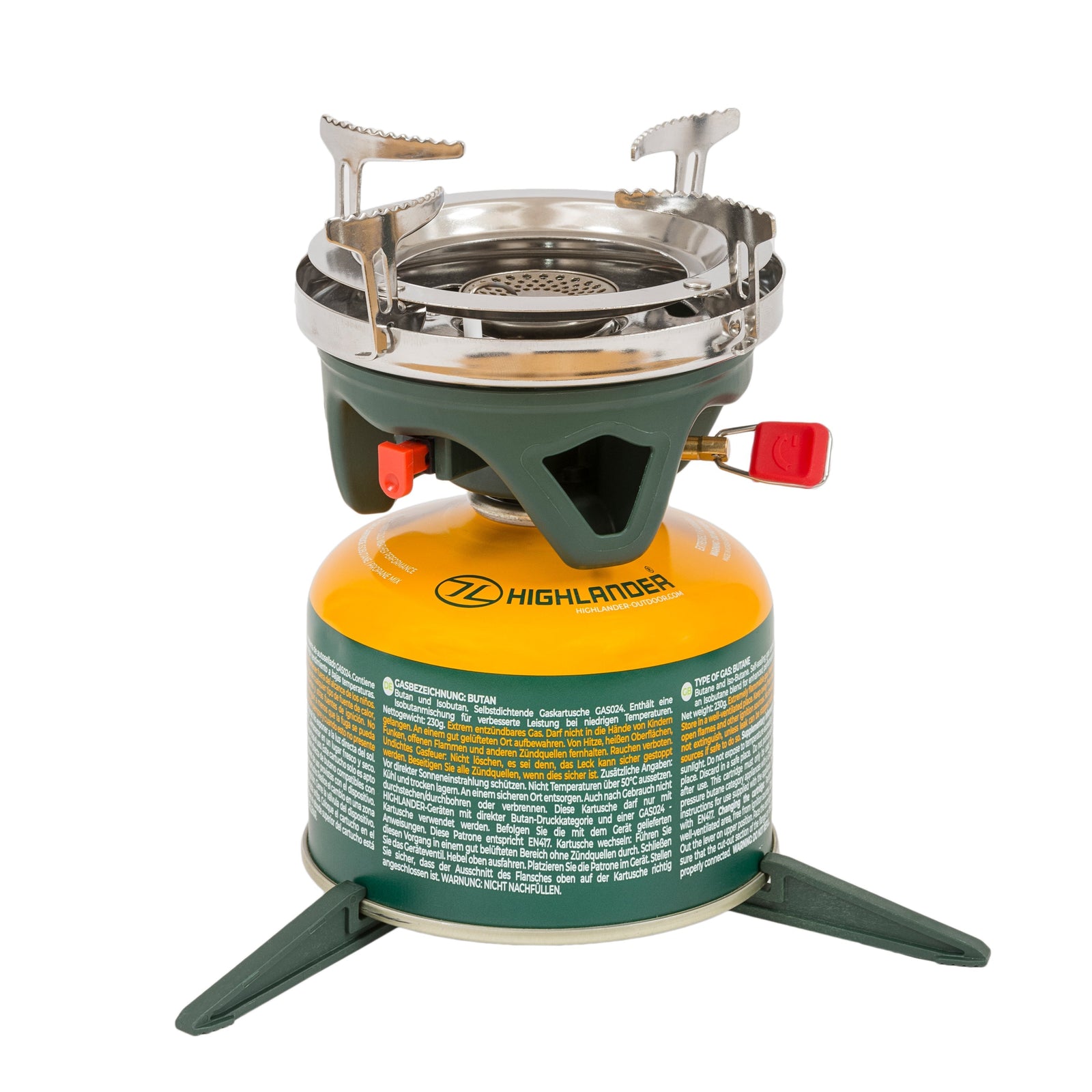 Der Highlander Camping Gaskocher Blade Fast Boil 3 von HIGHLANDER FORCES verfügt über einen gelb-grünen Kanister, einen Metallbrenner, klappbare Stützen, einen dreibeinigen Sockel und einen roten Bedienknopf - perfekt für Outdoor-Abenteuer und Camping.