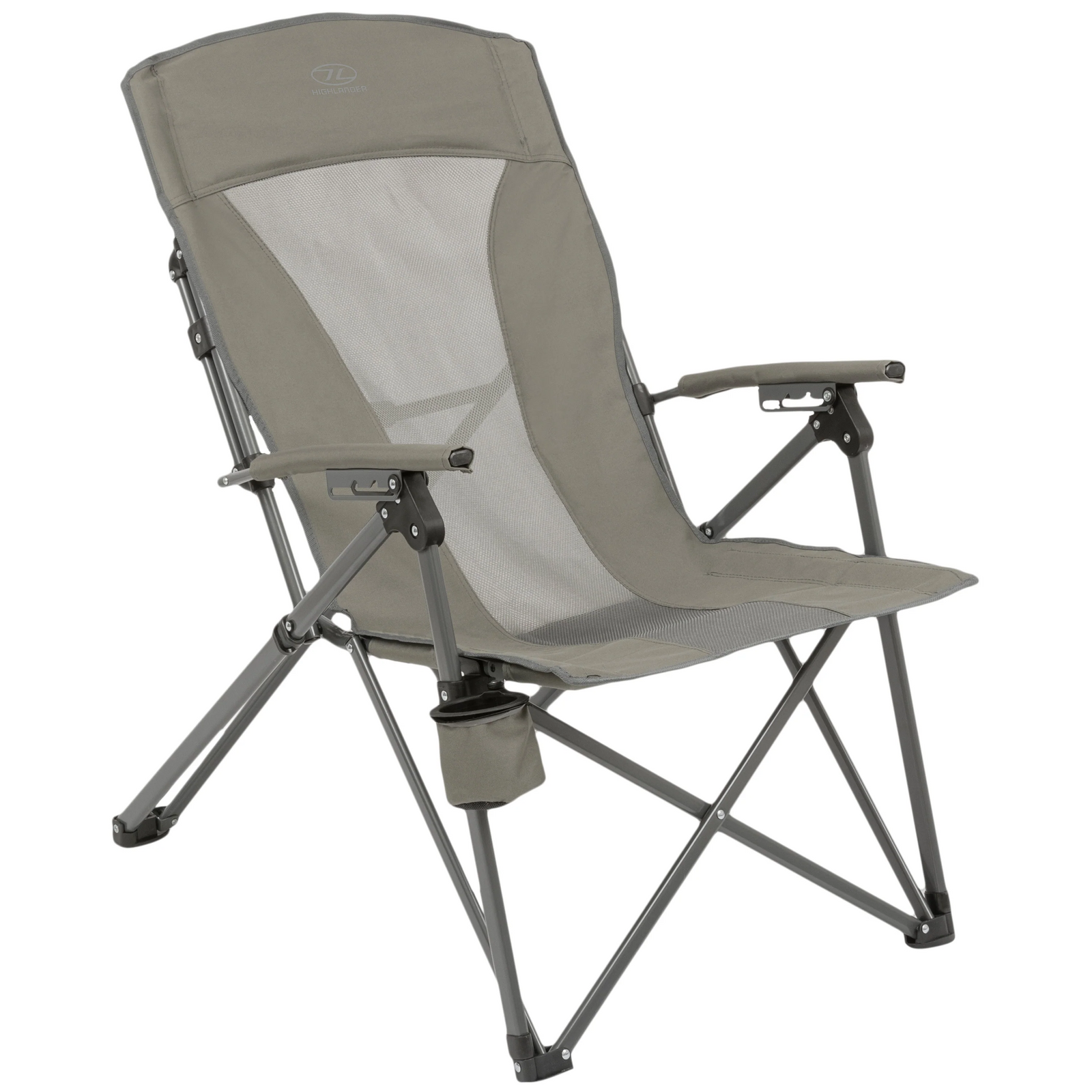 Der HIGHLANDER OUTDOOR Highlander Campingstuhl Balvenie in Grau verfügt über Netzeinsätze, Armlehnen und einen Getränkehalter an der rechten Seite. Sein Metallrahmen macht ihn leicht, tragbar und perfekt für Outdoor-Abenteuer.