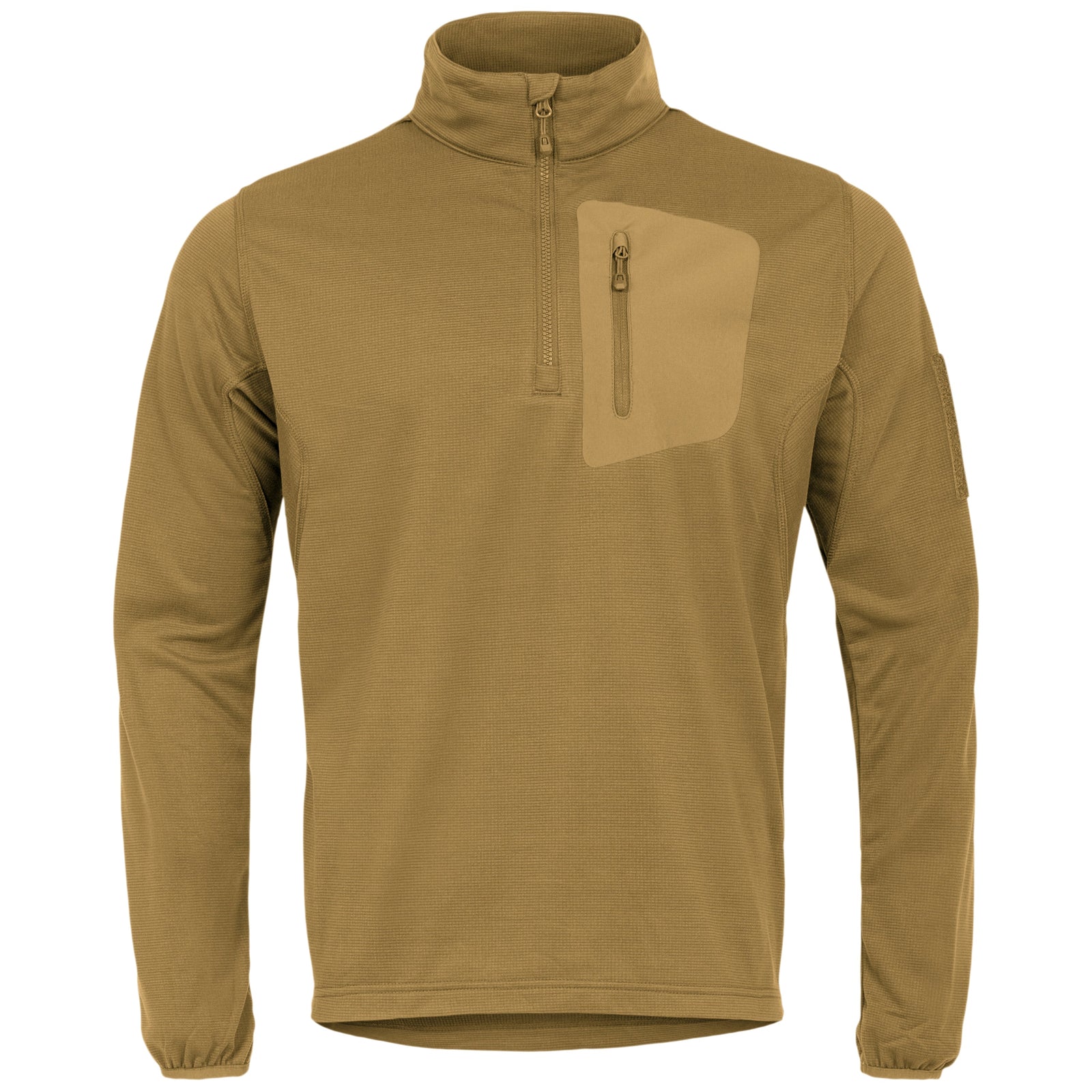 Das Highlander Forces Tactical Hirta Fleece in Coyote Tan hat lange Ärmel, einen viertel Reißverschluss, einen Stehkragen und eine Brusttasche mit Reißverschluss - eine solide, logofreie Schicht von HIGHLANDER FORCES, perfekt als taktisches Fleece.