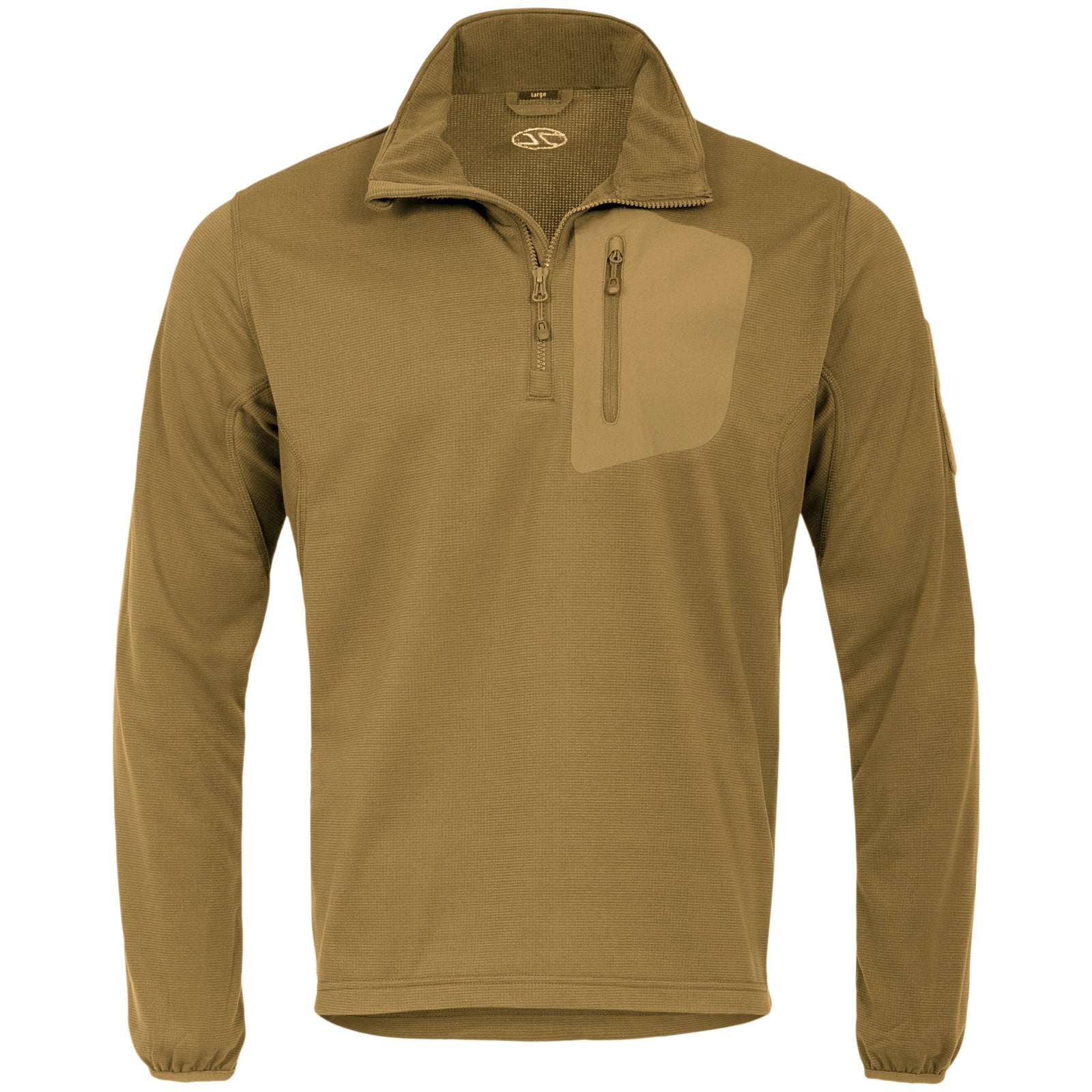 Das HIGHLANDER FORCES Tactical Hirta Fleece in Coyote Tan hat lange Ärmel, einen Viertelreißverschluss vorne, einen hohen Kragen, eine Brusttasche mit Reißverschluss und ein leicht tailliertes Design - perfekt als taktisches Fleece für Outdoor-Aktivitäten.