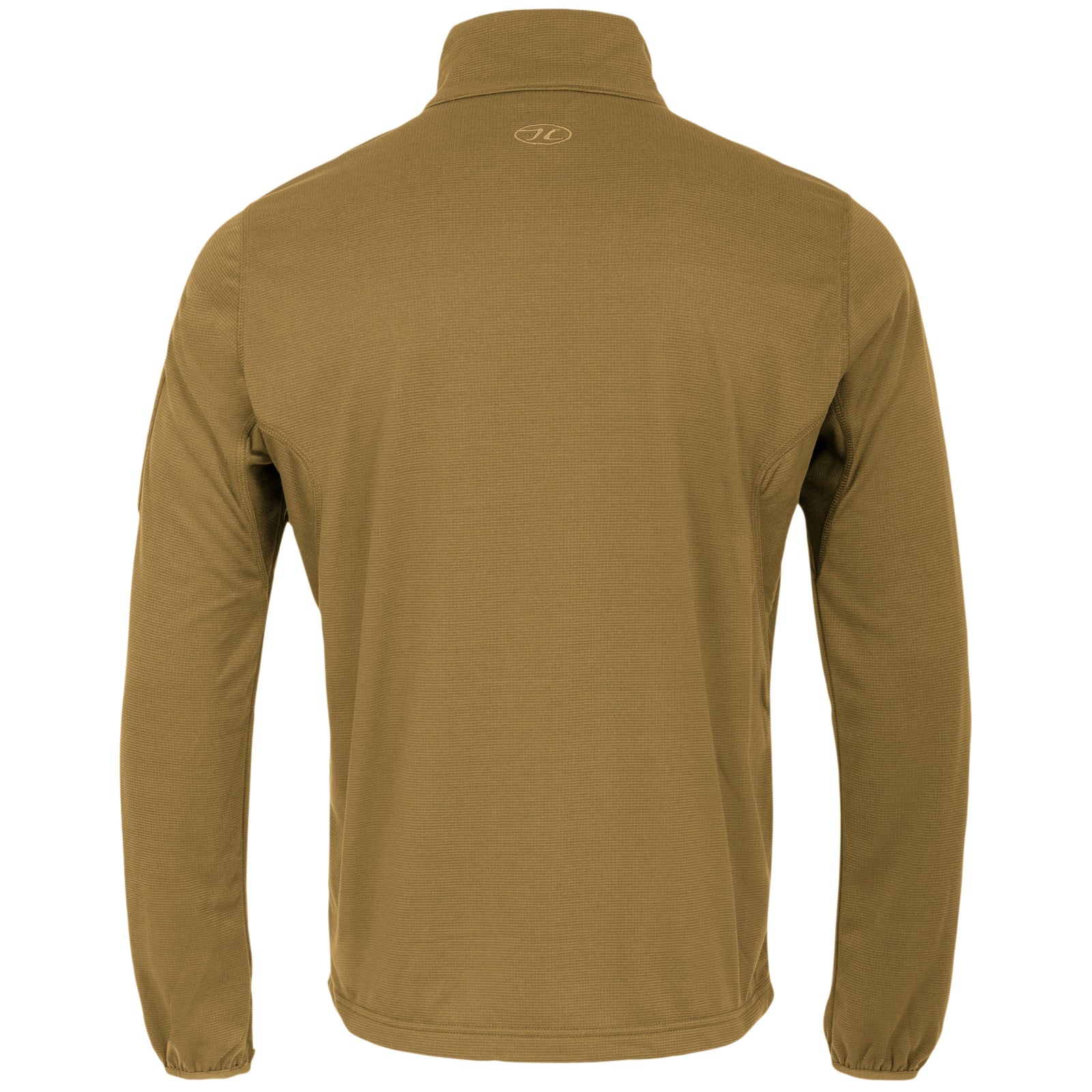 Rückansicht der Highlander Forces Tactical Hirta Fleece in Coyote Tan. Diese HIGHLANDER FORCES Jacke hat einen Stehkragen, lange Ärmel, ein dezentes Rückenlogo und ein schlichtes Design ohne Muster oder Verzierungen.