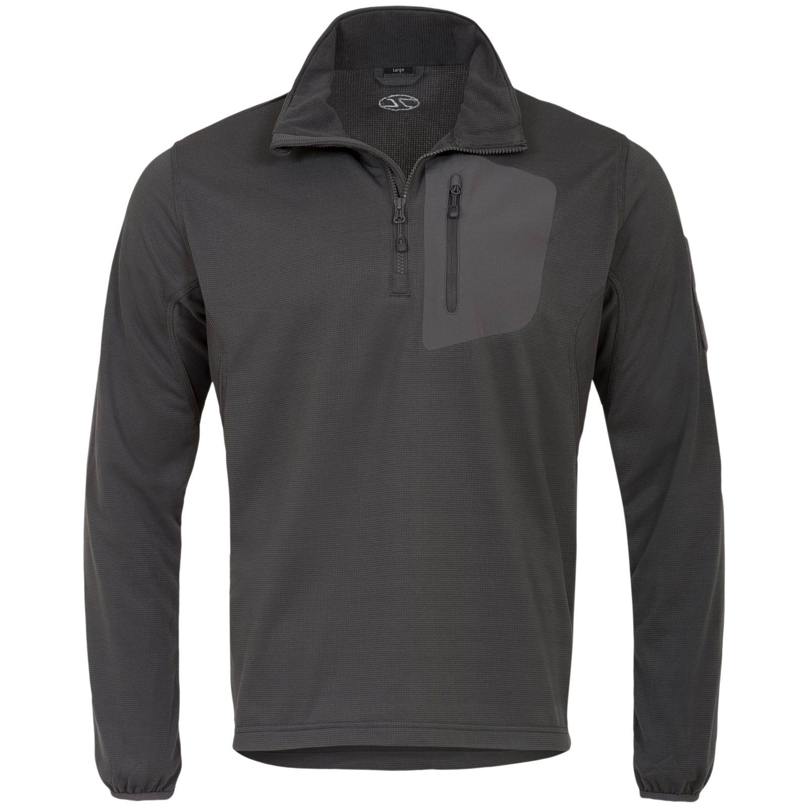 Das HIGHLANDER FORCES Tactical Hirta Fleece in Dunkelgrau hat lange Ärmel, einen Kragen mit Reißverschluss und eine Brusttasche mit vertikalem Reißverschluss. Sein leichtes Design macht ihn perfekt für Outdoor- oder Freizeitkleidung.