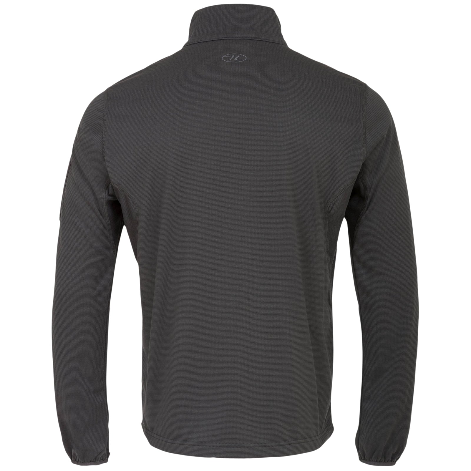 Das HIGHLANDER FORCES Tactical Hirta Fleece in Dunkelgrau zeigt sich von hinten und hat lange Ärmel, einen Stehkragen und ein dezentes Logo mittig unter dem Kragen.