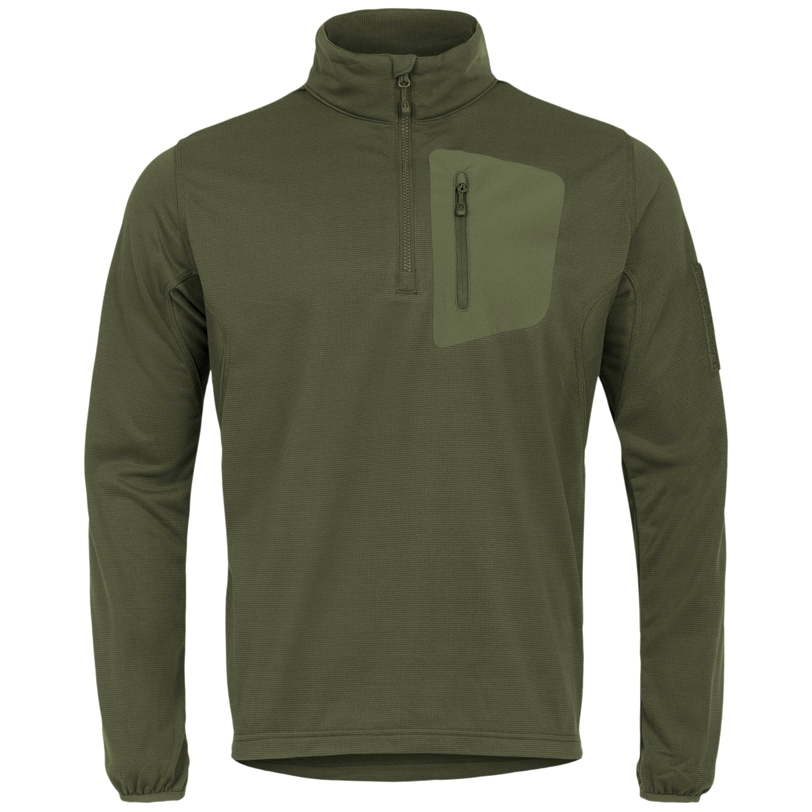 Der HIGHLANDER FORCES Highlander Forces Tactical Hirta Fleece in Olivgrün ist ein leichter, glatter Langarmpullover mit einem Viertelreißverschluss vorne, einem hohen Kragen und einer Reißverschlusstasche auf der linken Brustseite.