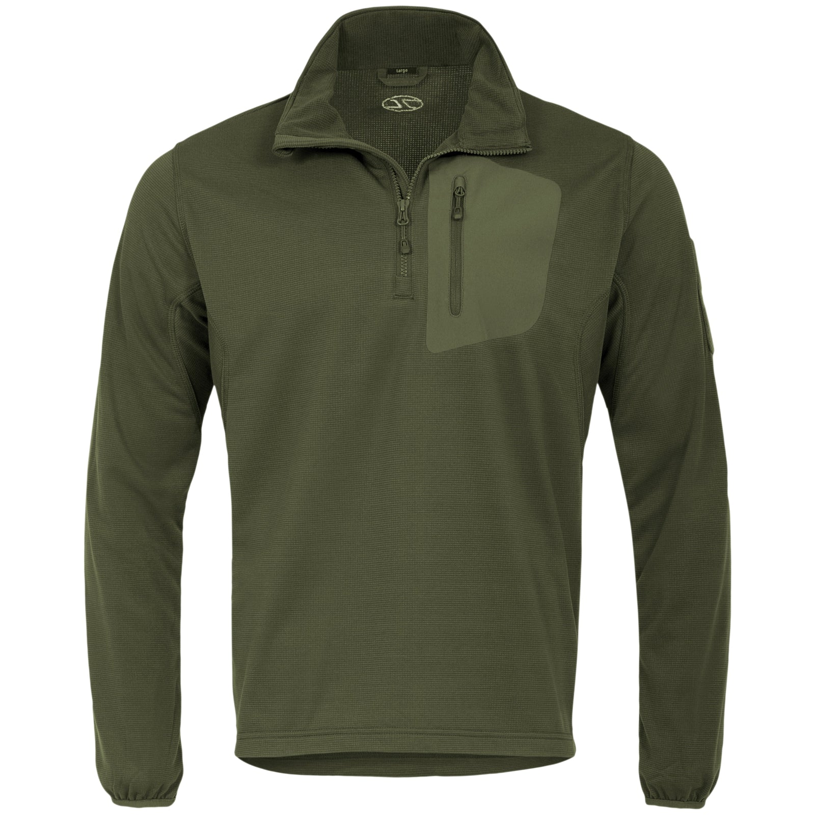 Das Highlander Forces Tactical Hirta Fleece von HIGHLANDER FORCES hat olivgrüne lange Ärmel, einen Viertelreißverschluss vorne, einen hohen Kragen, eine Reißverschlusstasche auf der linken Brust und dezente Aufnäher am rechten Ärmel.