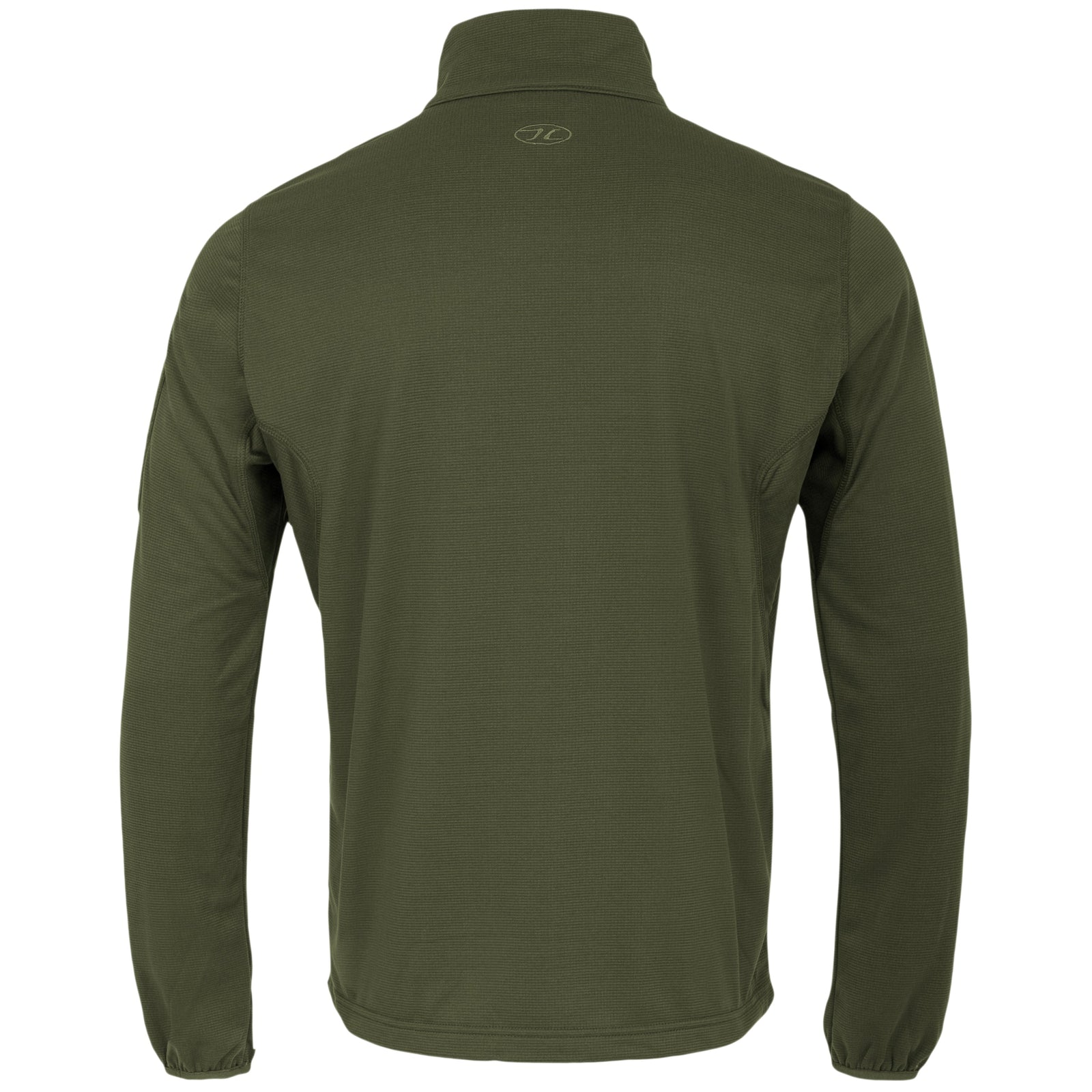 Rückansicht des Highlander Forces Tactical Hirta Fleece von HIGHLANDER FORCES in Olivgrün mit langen Ärmeln, Stehkragen und einfachem Design auf weißem Hintergrund.