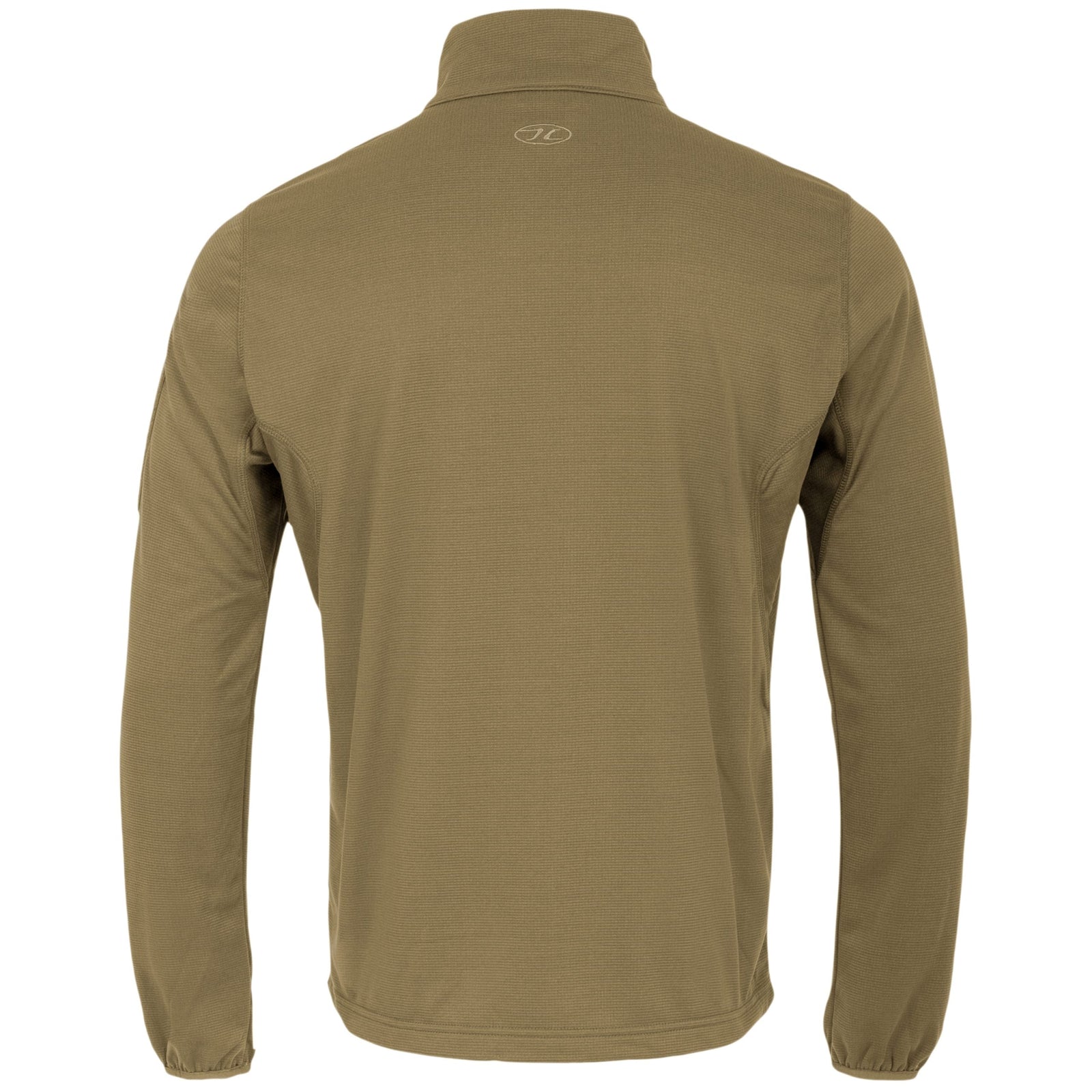 Das Highlander Forces Tactical Hirta Fleece in Rangergrün ist von hinten zu sehen. Es hat lange Ärmel, einen hohen Kragen und ein kleines, rundes Logo oben in der Mitte unterhalb des Kragens.
