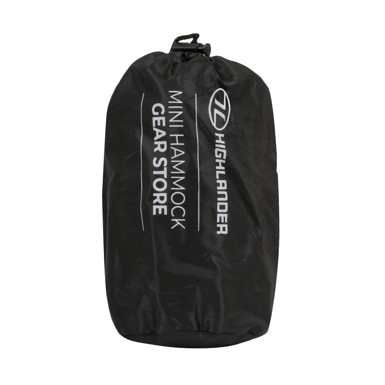 Ein schwarzer Kordelzugbeutel mit der Aufschrift Highlander Gear Store Hammock von HIGHLANDER FORCES, mit dem Logo in Weiß - ideal für den Transport Ihrer Outdoor-Hängematte oder anderer Campingausrüstung.