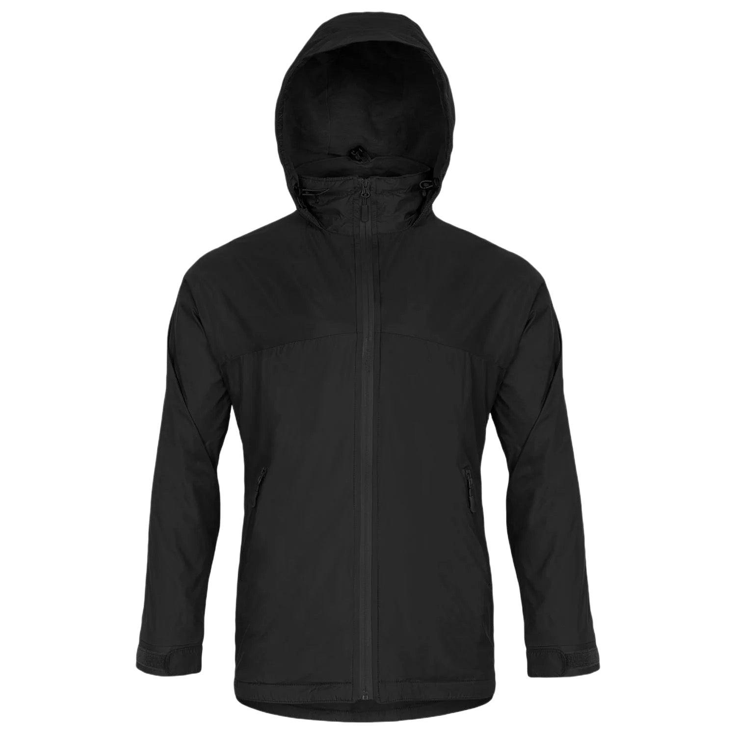 Ein schwarzer Highlander Halo Full Zip Tactical Smock von HIGHLANDER FORCES, winddicht und wasserabweisend, mit Kapuze, Frontreißverschluss, langen Ärmeln und zwei Seitentaschen, abgebildet auf weißem Hintergrund.