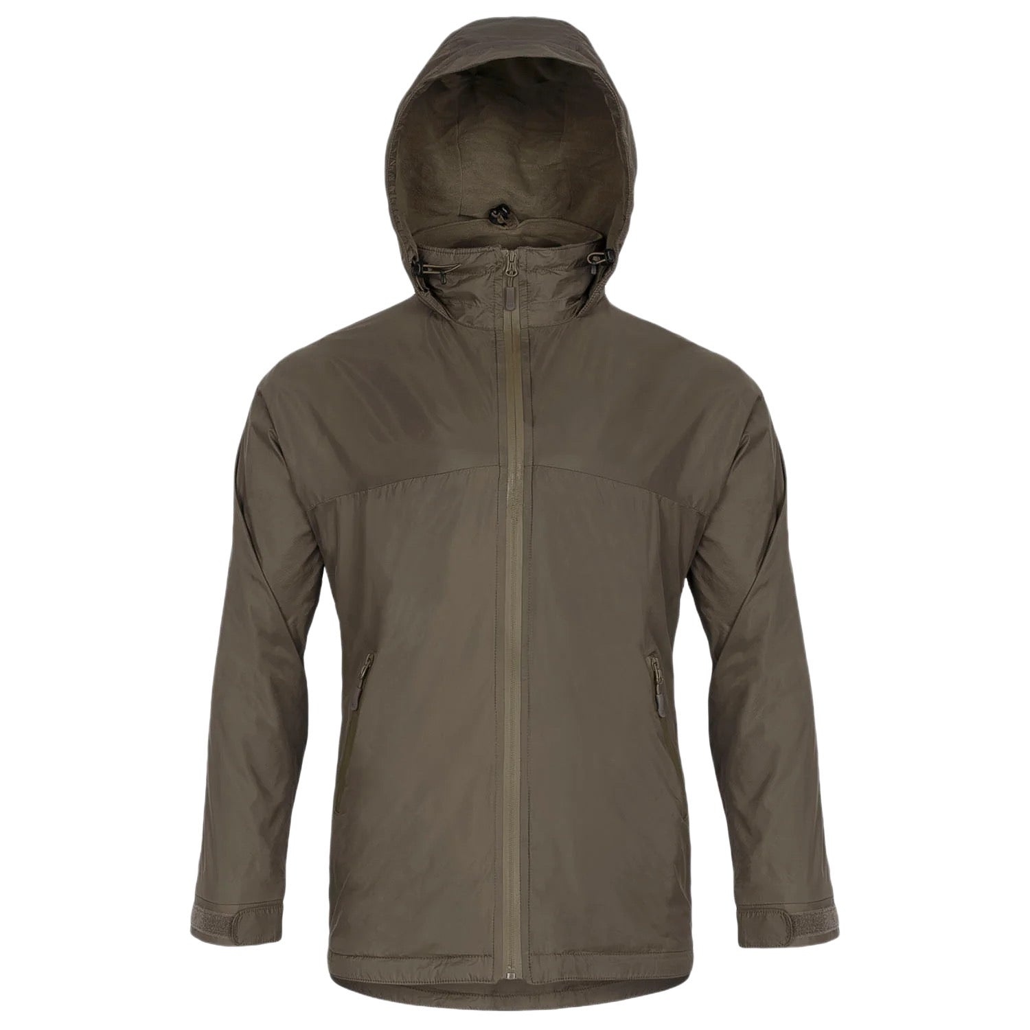 Der Highlander Halo Full Zip Tactical Smock von HIGHLANDER FORCES in Ranger Green hat einen Frontreißverschluss, lange Ärmel, zwei Seitentaschen und eine verstellbare Kapuze mit Kordelzug.