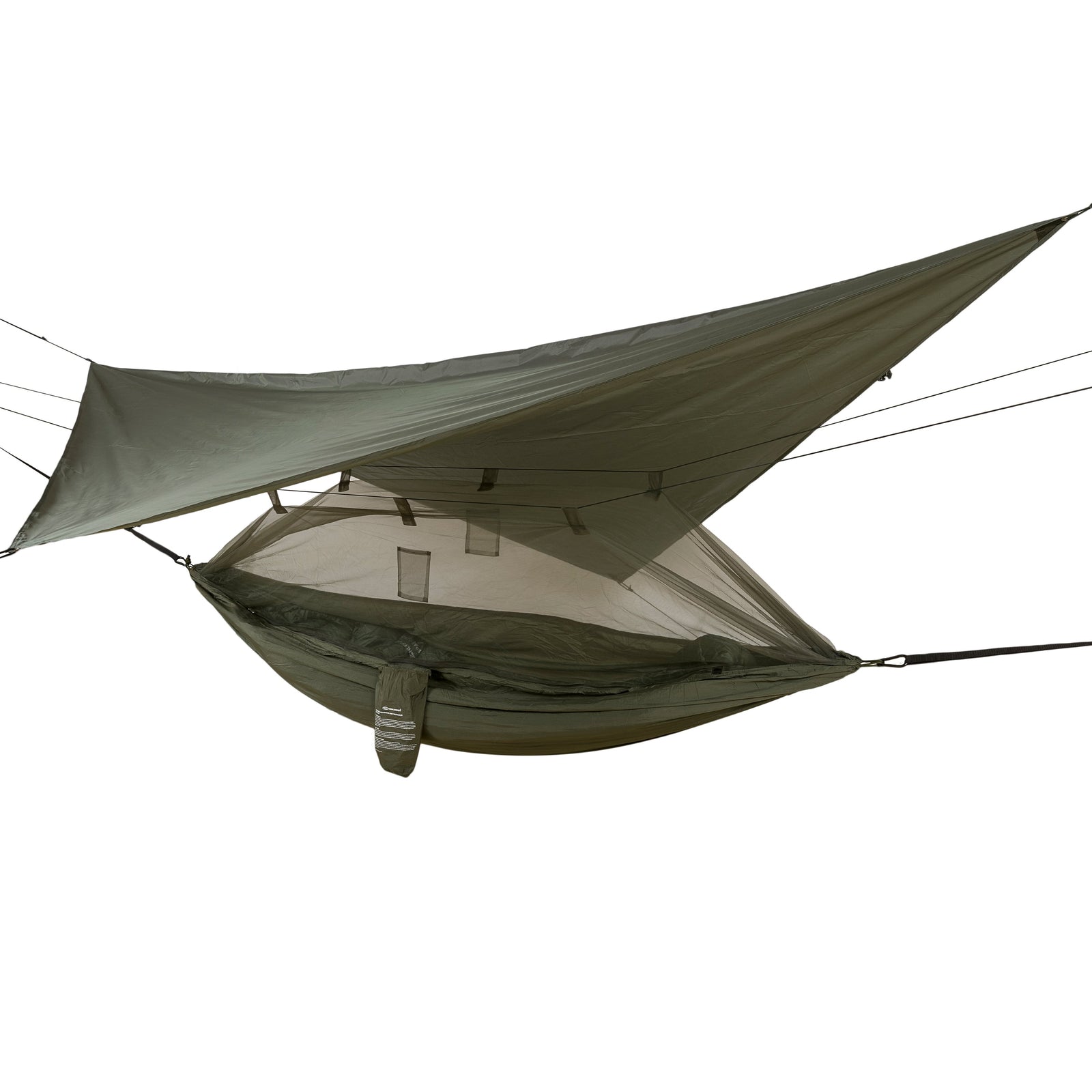 Die HIGHLANDER FORCES Highlander Hängematte Crusader Waterproof Hammock in khakigrün verfügt über ein Regenverdeck und ein eingebautes Moskitonetz, wird an beiden Enden mit Seilen aufgehängt und bietet geschlossenen Schutz vor Insekten und Regen.