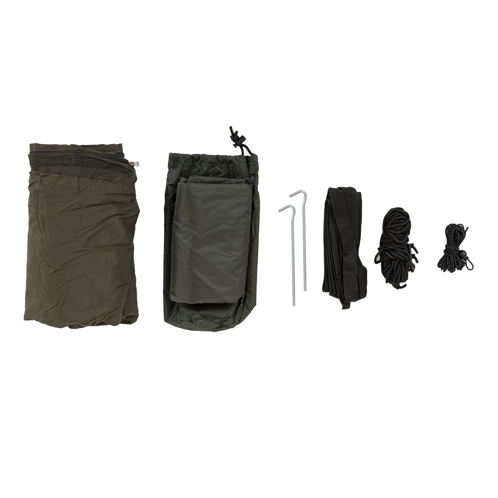 Die HIGHLANDER FORCES Highlander Hängematte Crusader Waterproof Hammock wird mit Tarp, Regenschutztasche, Zeltheringen, schwarzen Gurtbändern und Schnur angezeigt - ideal für Outdoor-Abenteuer mit zusätzlichem Moskitonetzschutz.