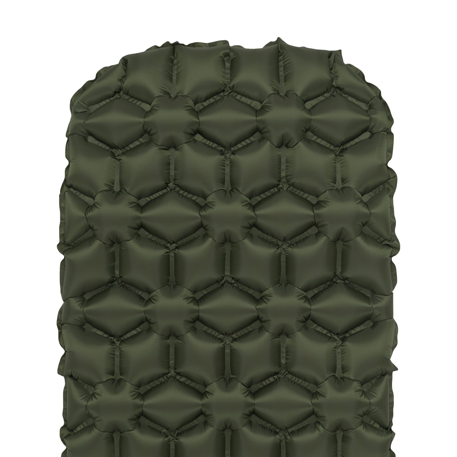 Die aufblasbare HIGHLANDER FORCES Highlander NAP-PAK Schlafmatte in Olivgrün verfügt über sechseckige und blumenförmige Luftzellen, eine robuste Ripstop-Nylon-Konstruktion und ultraleichten, gesteppten Komfort - ideal für Outdoor- oder Camping-Abenteuer.